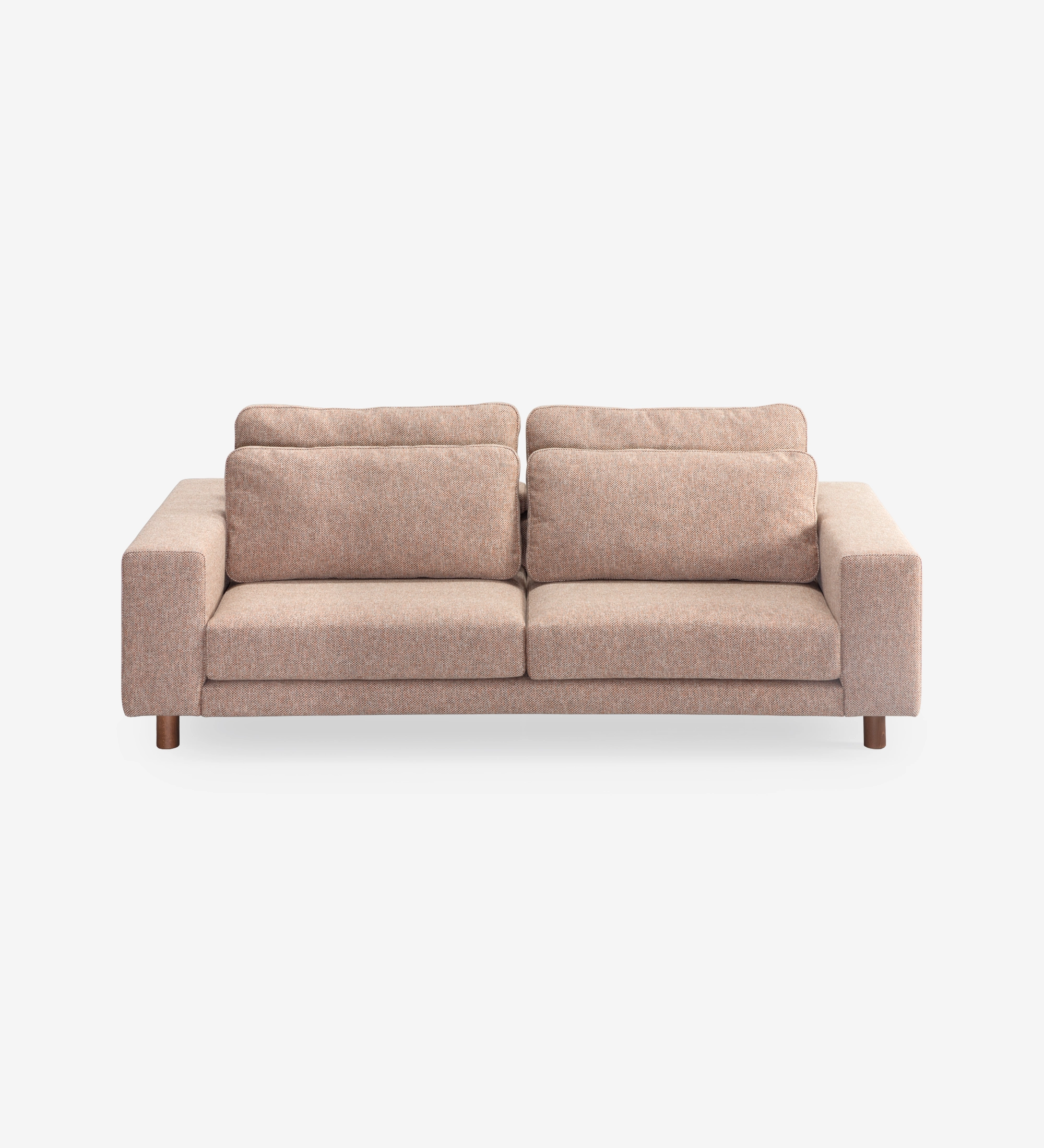 Dallas 3-seater sofa upholstered in multicolored fabric, primarily orange and pearl, folding back cushions, walnut color ash wood feet, 225 cm.