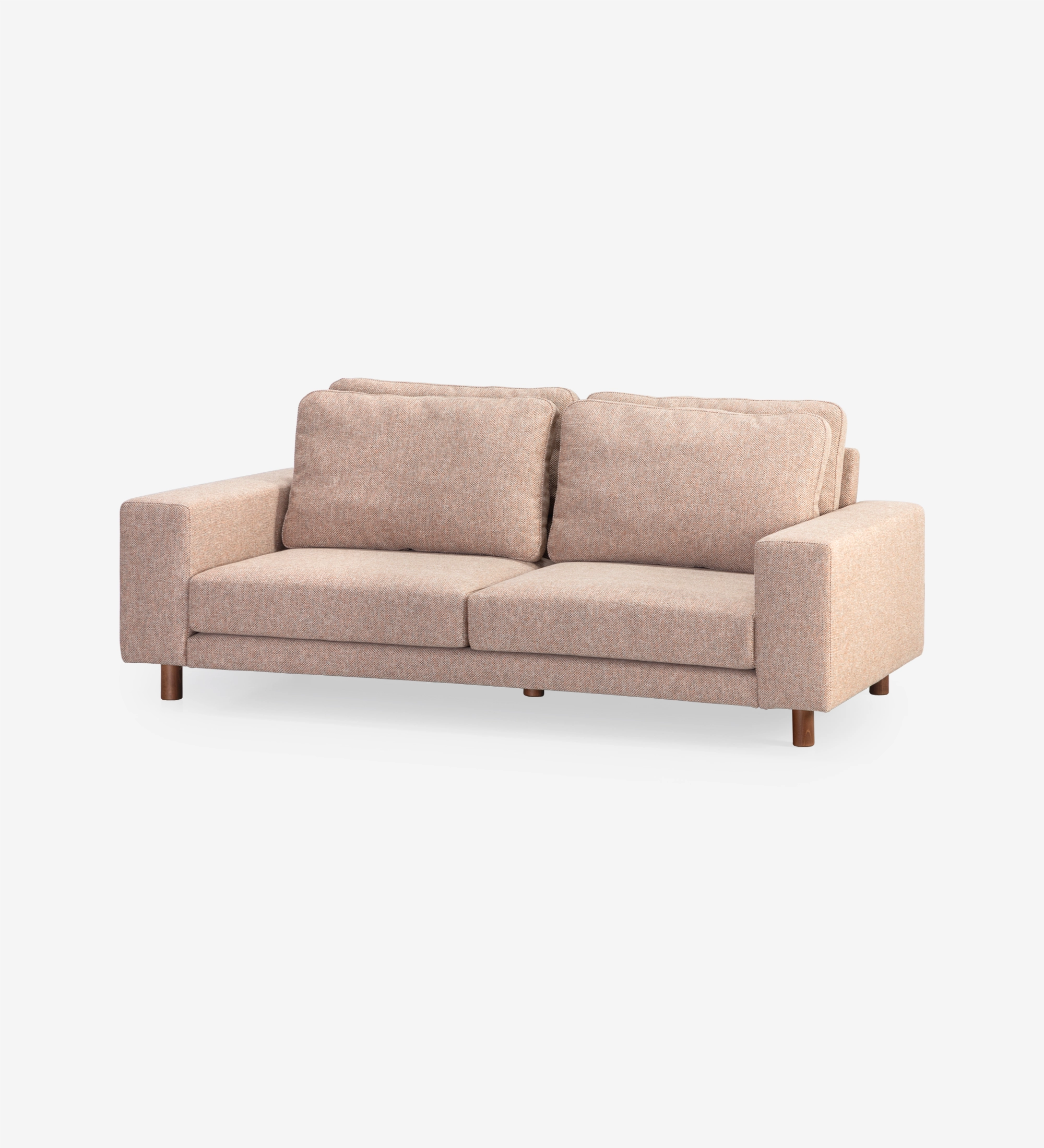 Dallas 3-seater sofa upholstered in multicolored fabric, primarily orange and pearl, folding back cushions, walnut color ash wood feet, 225 cm.