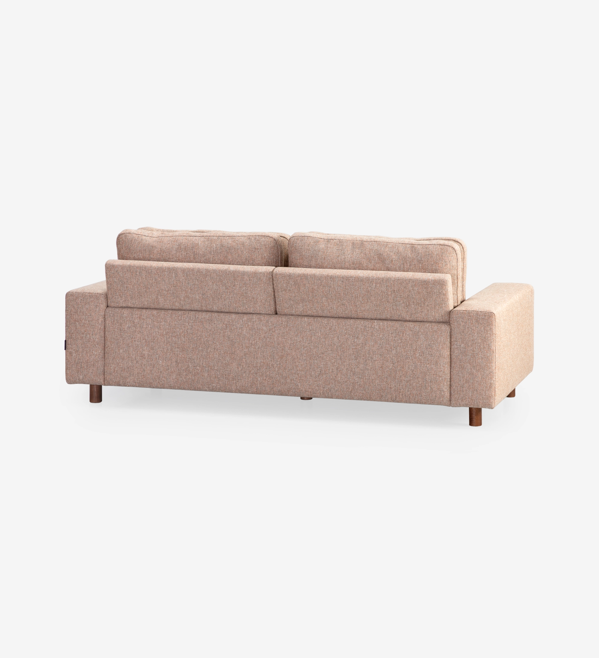 Dallas 3-seater sofa upholstered in multicolored fabric, primarily orange and pearl, folding back cushions, walnut color ash wood feet, 225 cm.