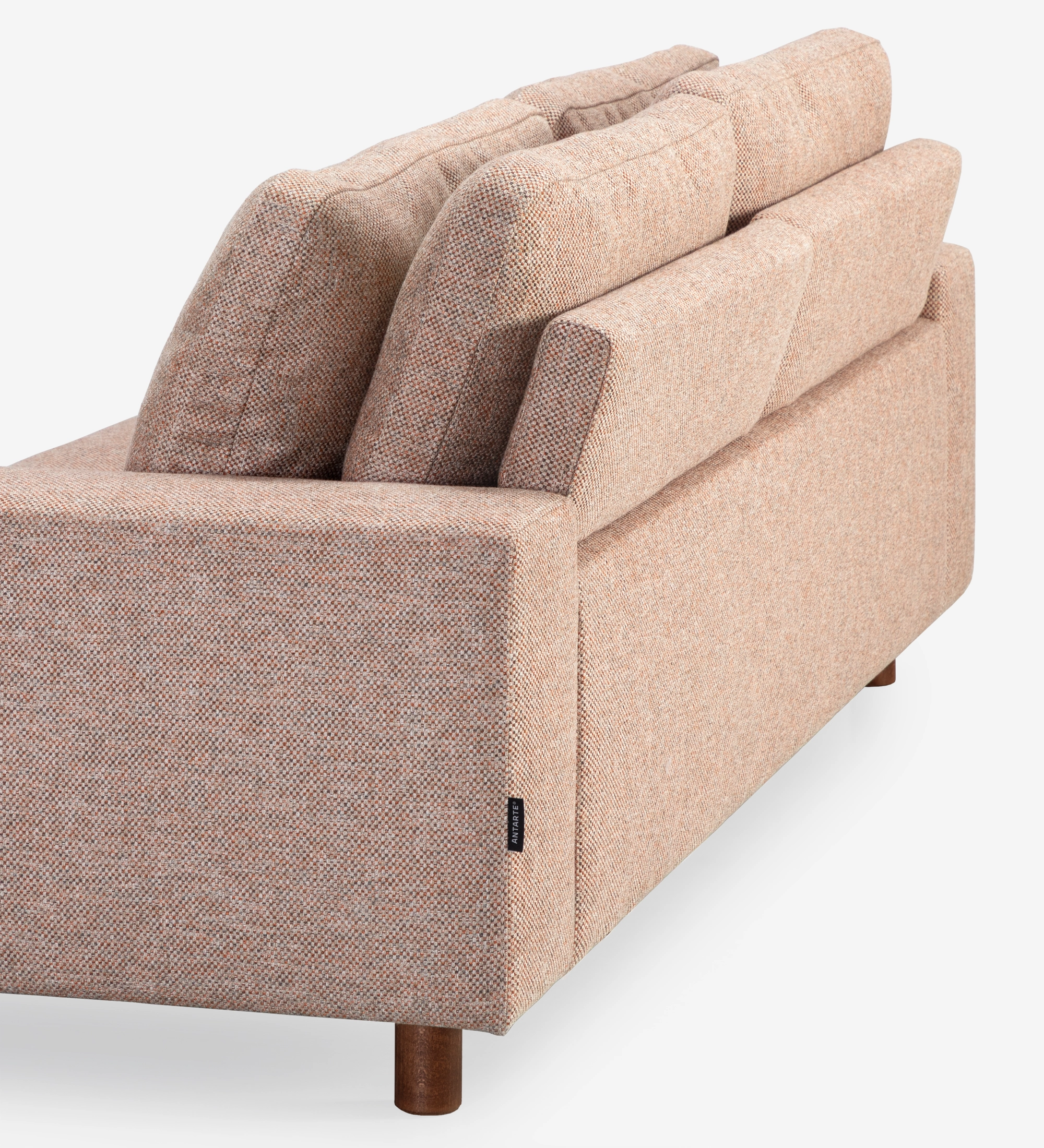 Dallas 3-seater sofa upholstered in multicolored fabric, primarily orange and pearl, folding back cushions, walnut color ash wood feet, 225 cm.
