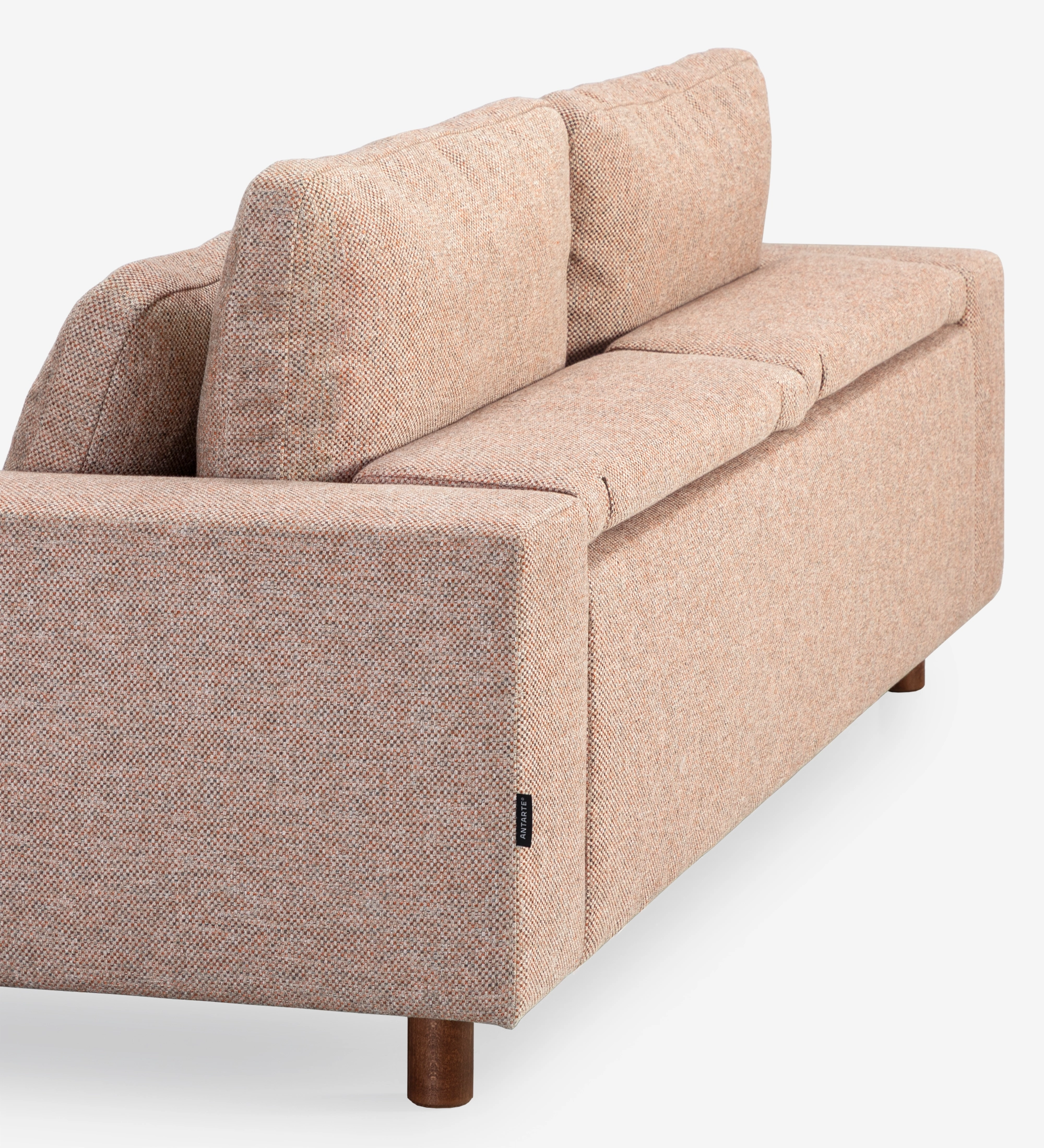 Dallas 3-seater sofa upholstered in multicolored fabric, primarily orange and pearl, folding back cushions, walnut color ash wood feet, 225 cm.