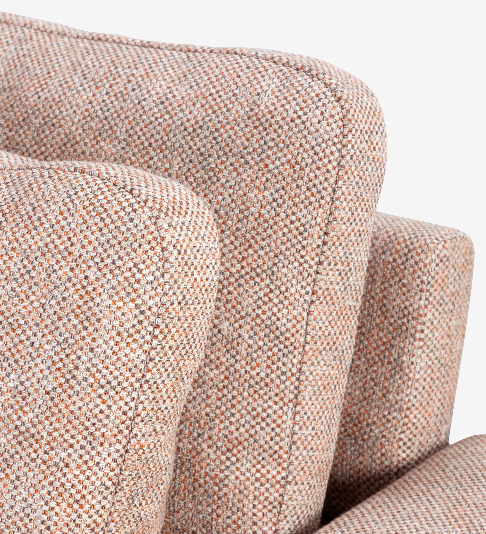 Dallas 3-seater sofa upholstered in multicolored fabric, primarily orange and pearl, folding back cushions, walnut color ash wood feet, 225 cm.