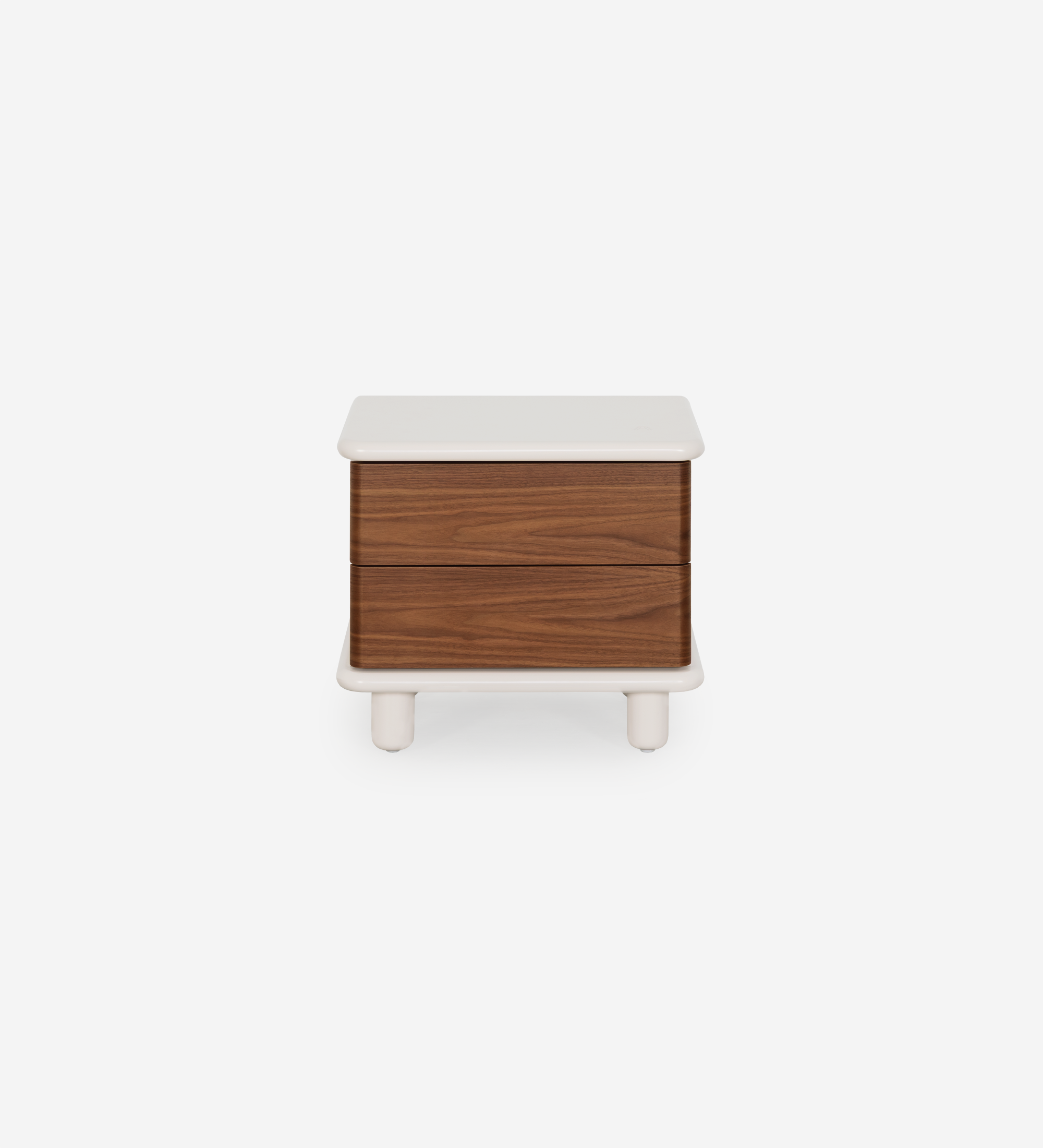 Table de chevet avec 2 tiroirs en noyer naturel, structure nacrée et chargeur de téléphone sans fil intégré dans le plateau.