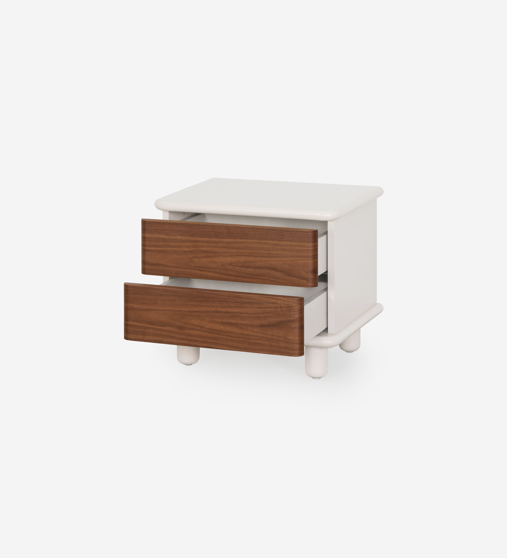 Table de chevet avec 2 tiroirs en noyer naturel, structure nacrée et chargeur de téléphone sans fil intégré dans le plateau.