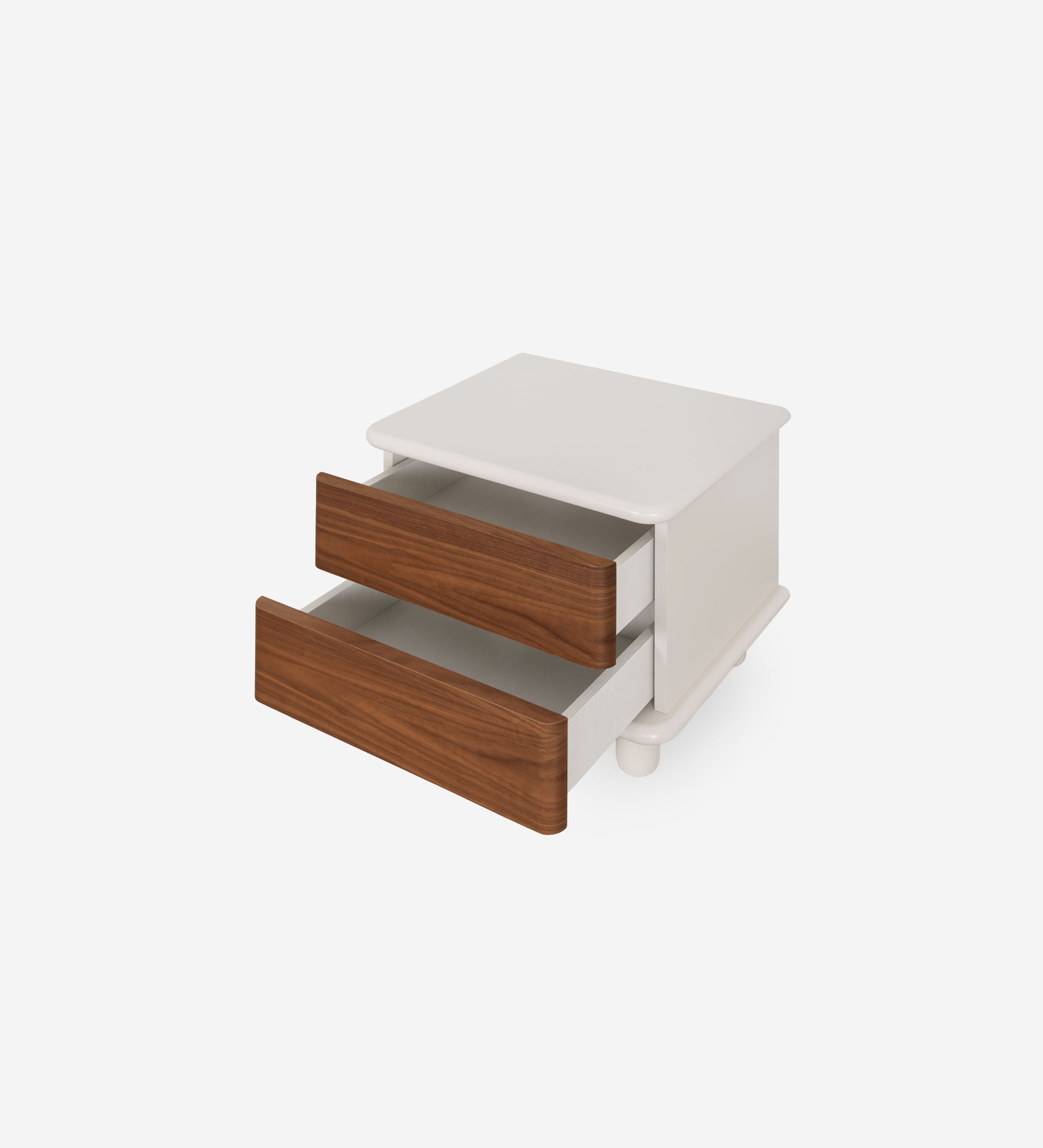 Table de chevet avec 2 tiroirs en noyer naturel, structure nacrée et chargeur de téléphone sans fil intégré dans le plateau.