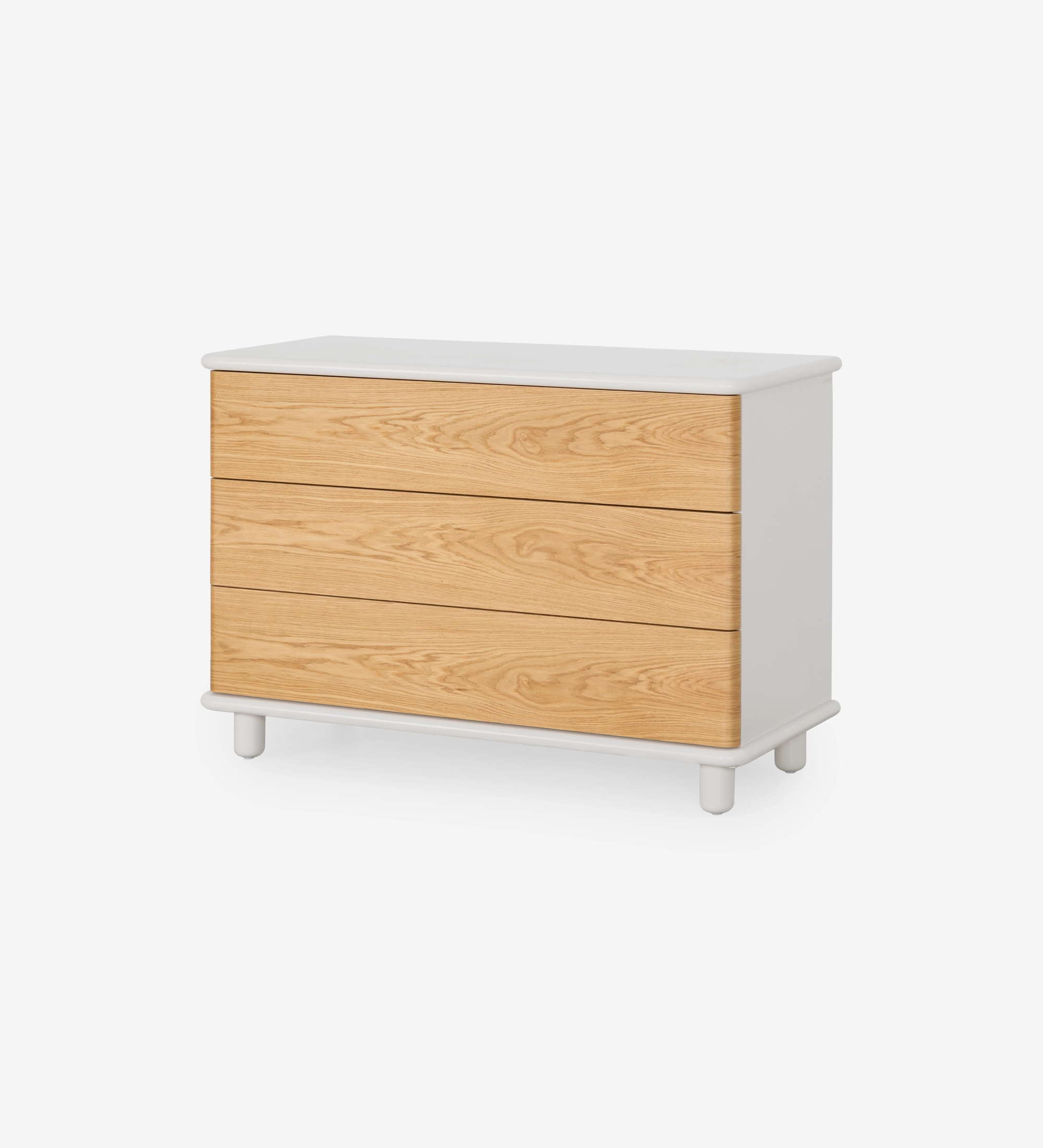 Commode à 3 grands tiroirs en noyer naturel, structure perlée.