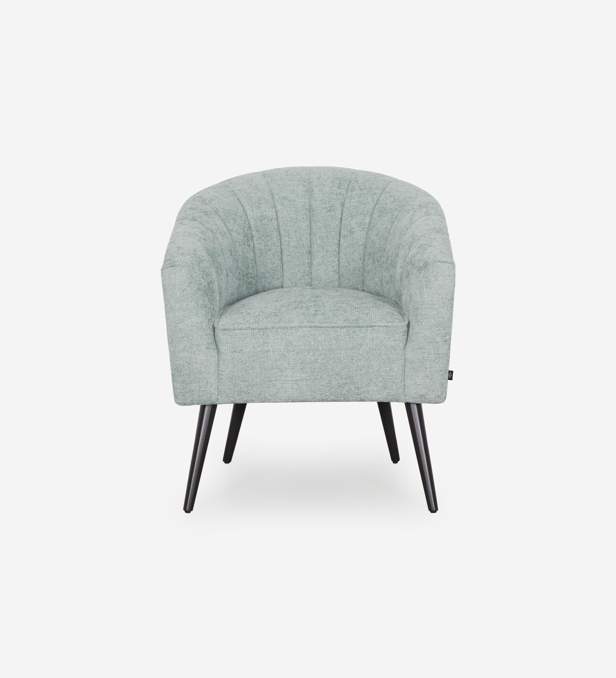 Tokyo armchair upholstered in aqua green fabric, black lacquered legs.