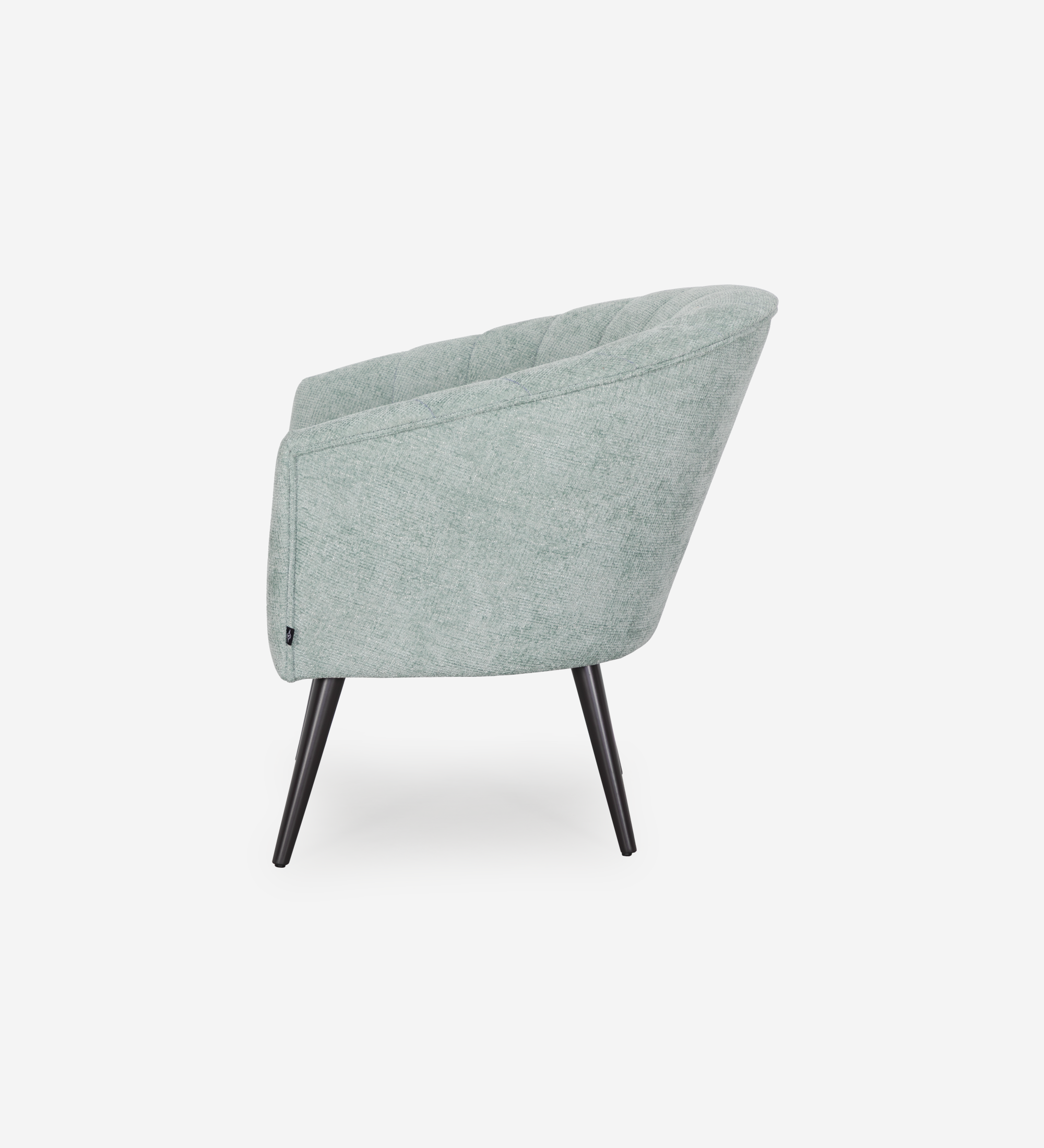 Tokyo armchair upholstered in aqua green fabric, black lacquered legs.