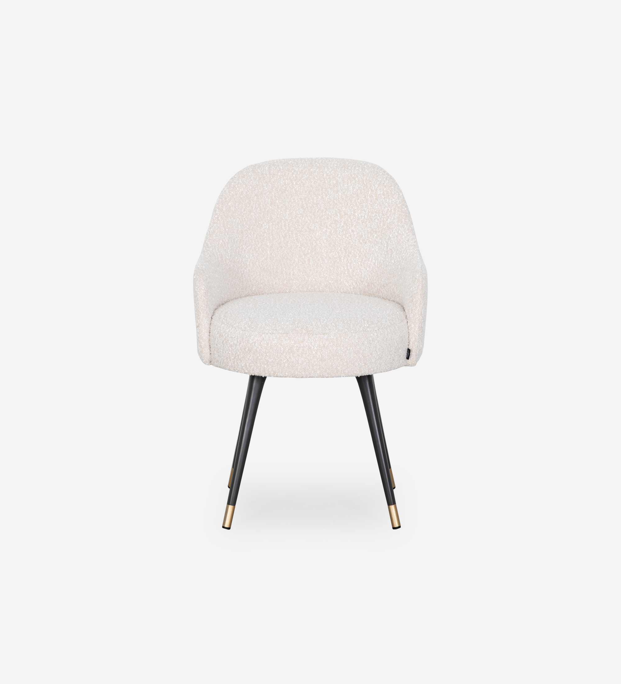 Pearl fabric upholstered swivel chair with black lacquered legs and gold detailing.