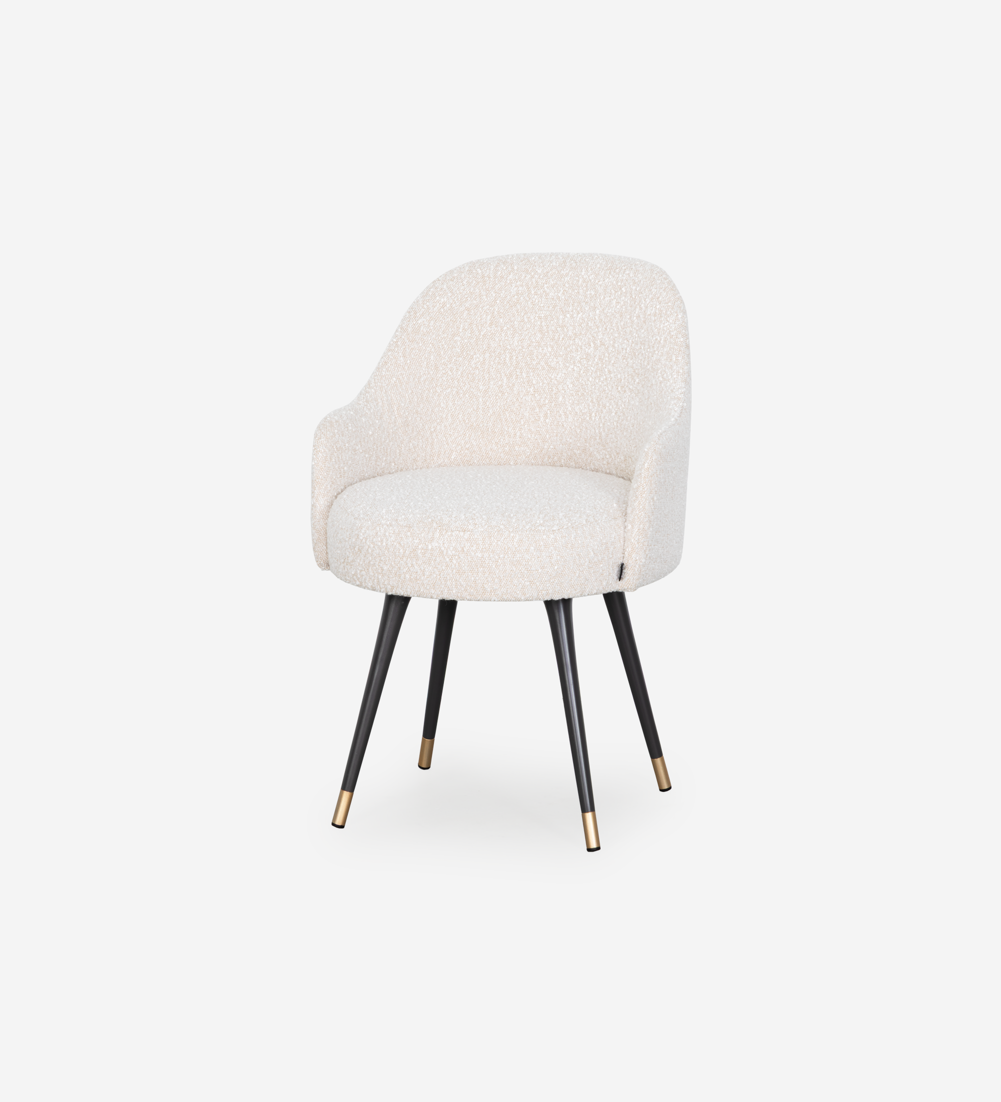 Pearl fabric upholstered swivel chair with black lacquered legs and gold detailing.