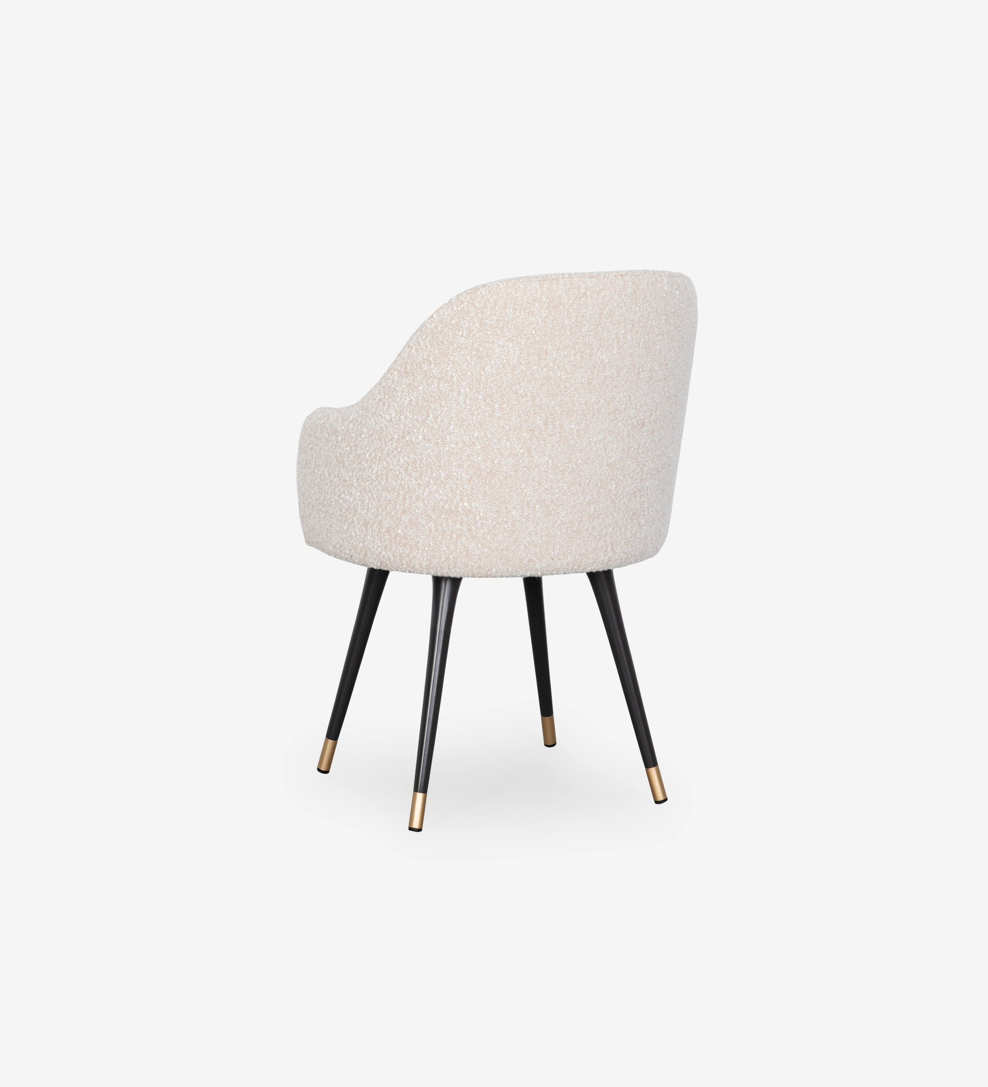 Pearl fabric upholstered swivel chair with black lacquered legs and gold detailing.