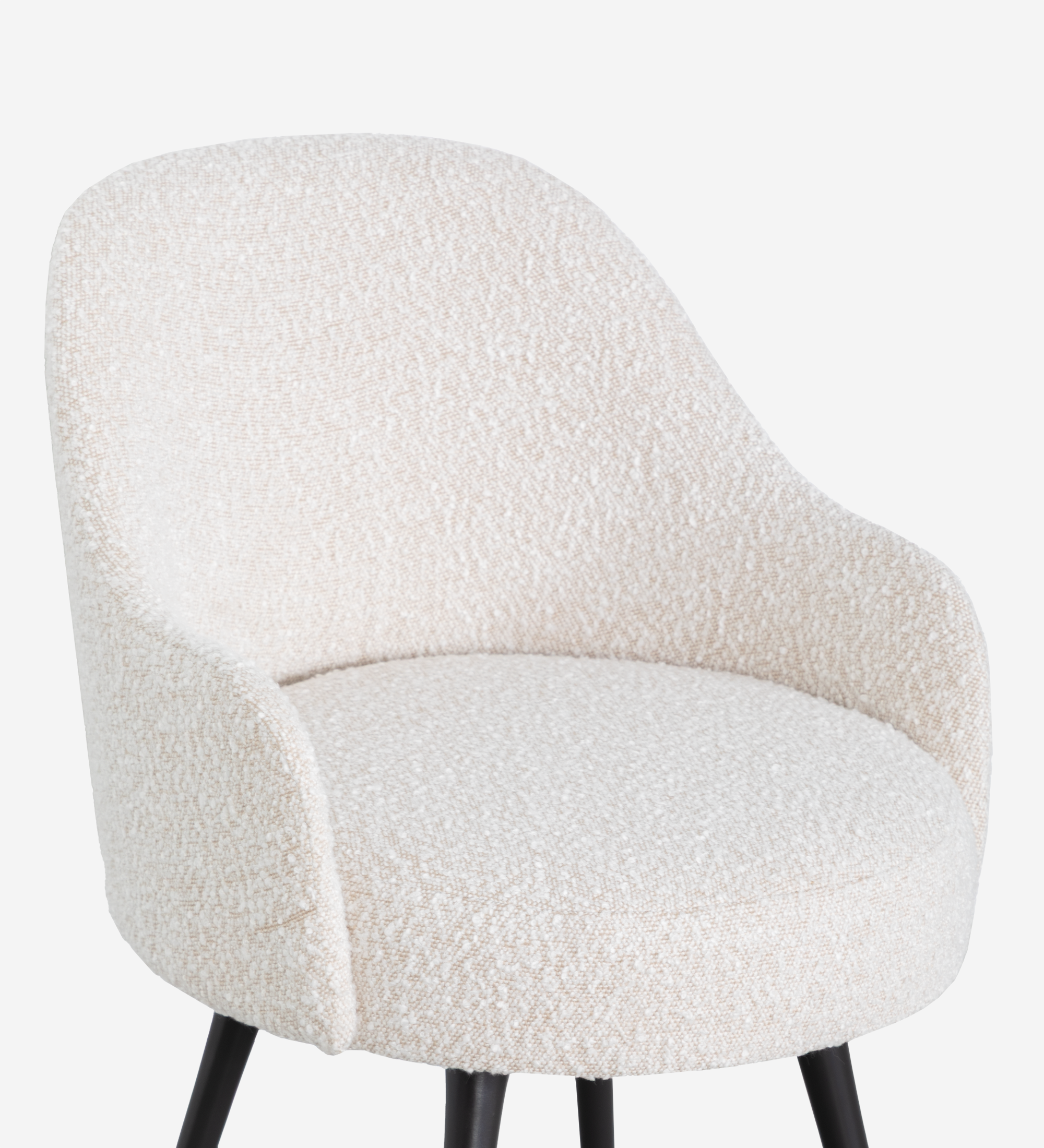 Pearl fabric upholstered swivel chair with black lacquered legs and gold detailing.