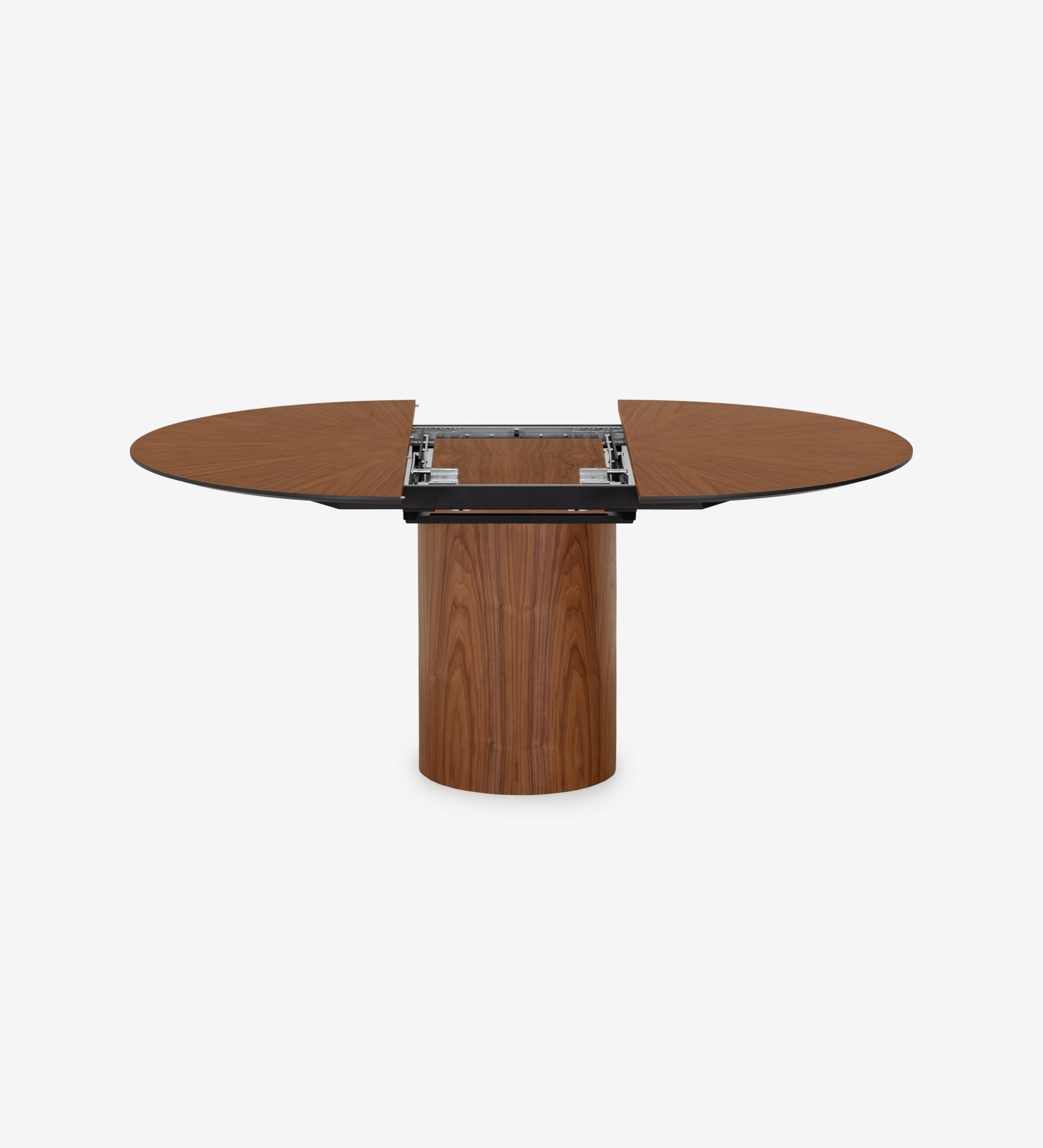Table de repas ronde extensible Ø 130 cm, plateau en chevrons et pied en noyer naturel, détail du plateau laqué noir.