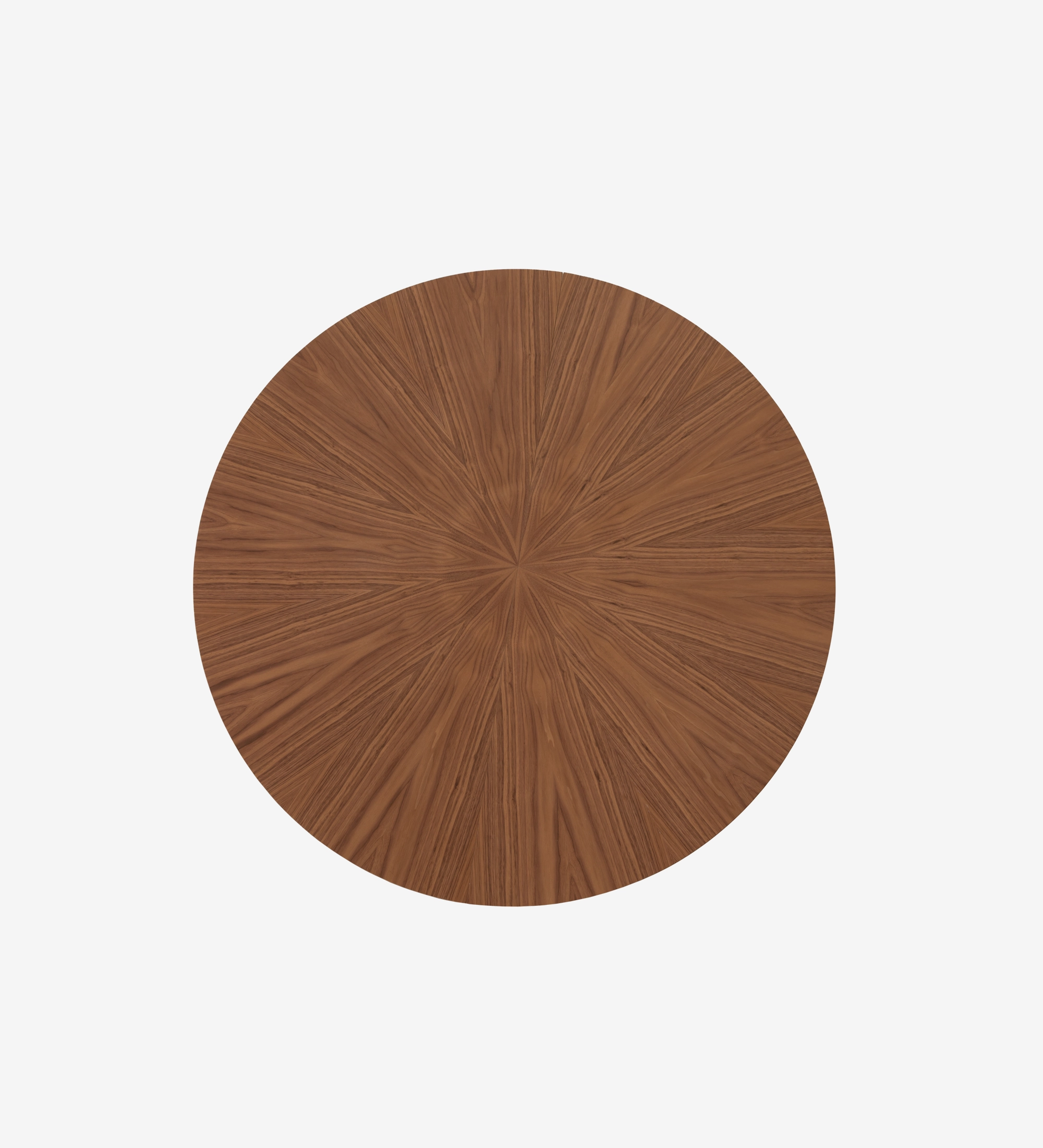 Table de repas ronde extensible Ø 130 cm, plateau en chevrons et pied en noyer naturel, détail du plateau laqué noir.