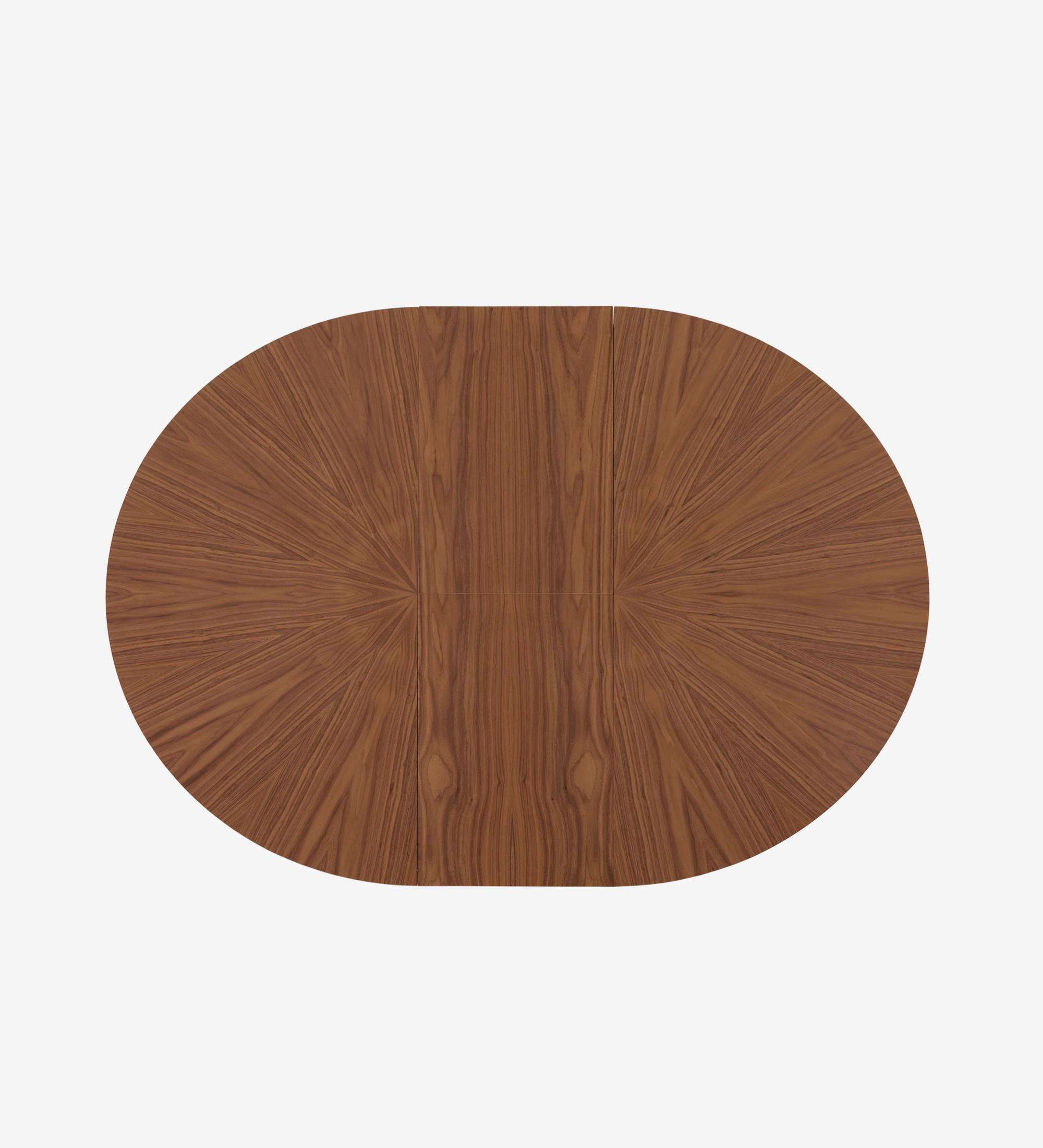 Table de repas ronde extensible Ø 130 cm, plateau en chevrons et pied en noyer naturel, détail du plateau laqué noir.