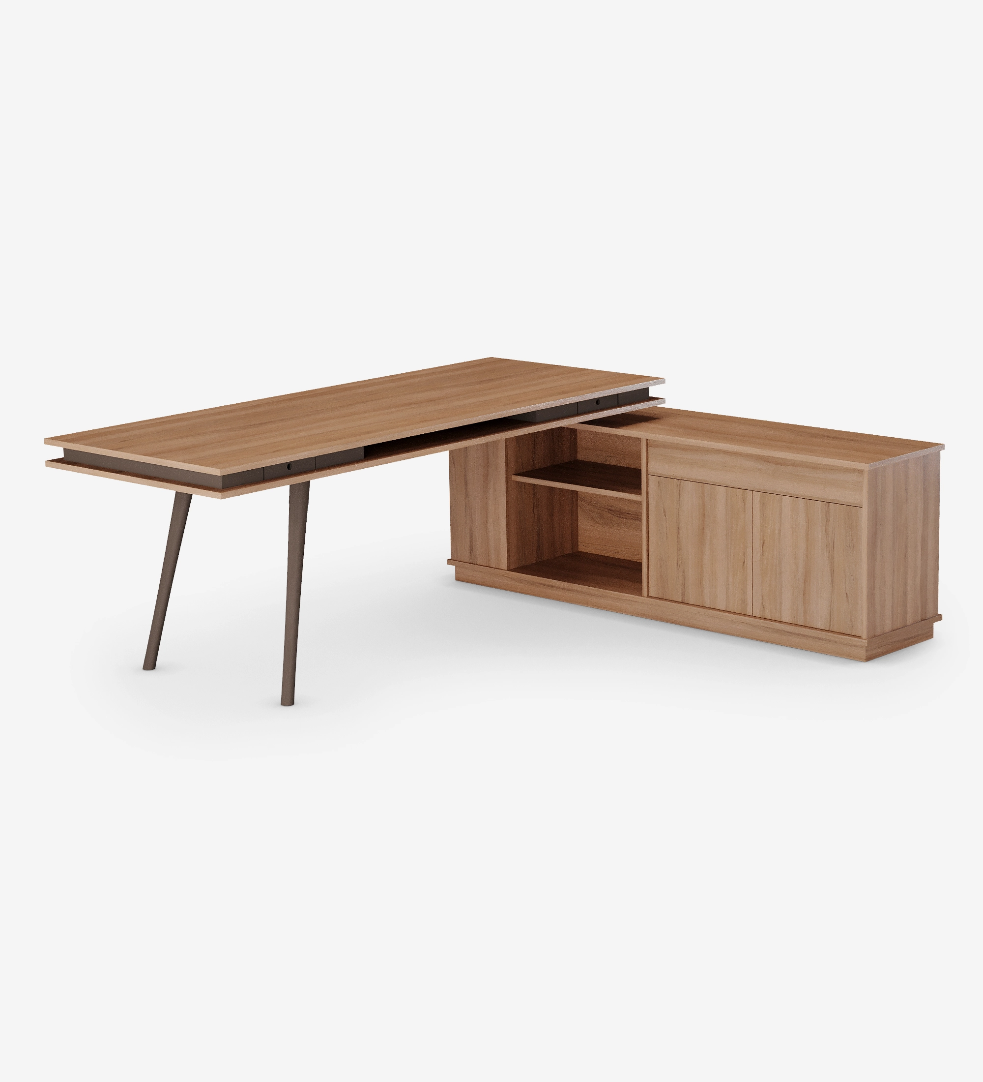 Secretária Oslo tampo em nogueira, pés lacados a castanho escuro, com móvel lateral de 2 portas e 1 gaveta em nogueira, 200 x 80 cm.