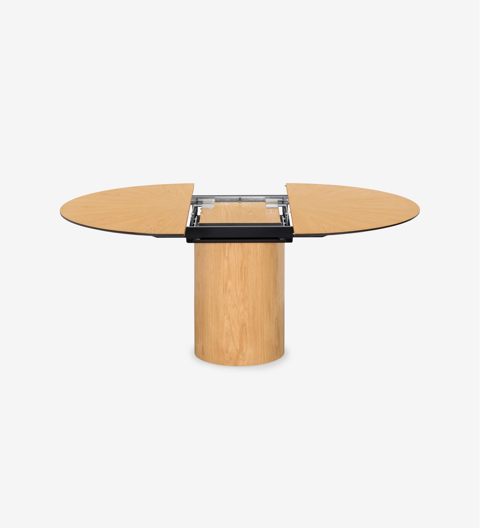 Mesa de Jantar Extensível Geneve em madeira, tampo oval aberto e base cilíndrica