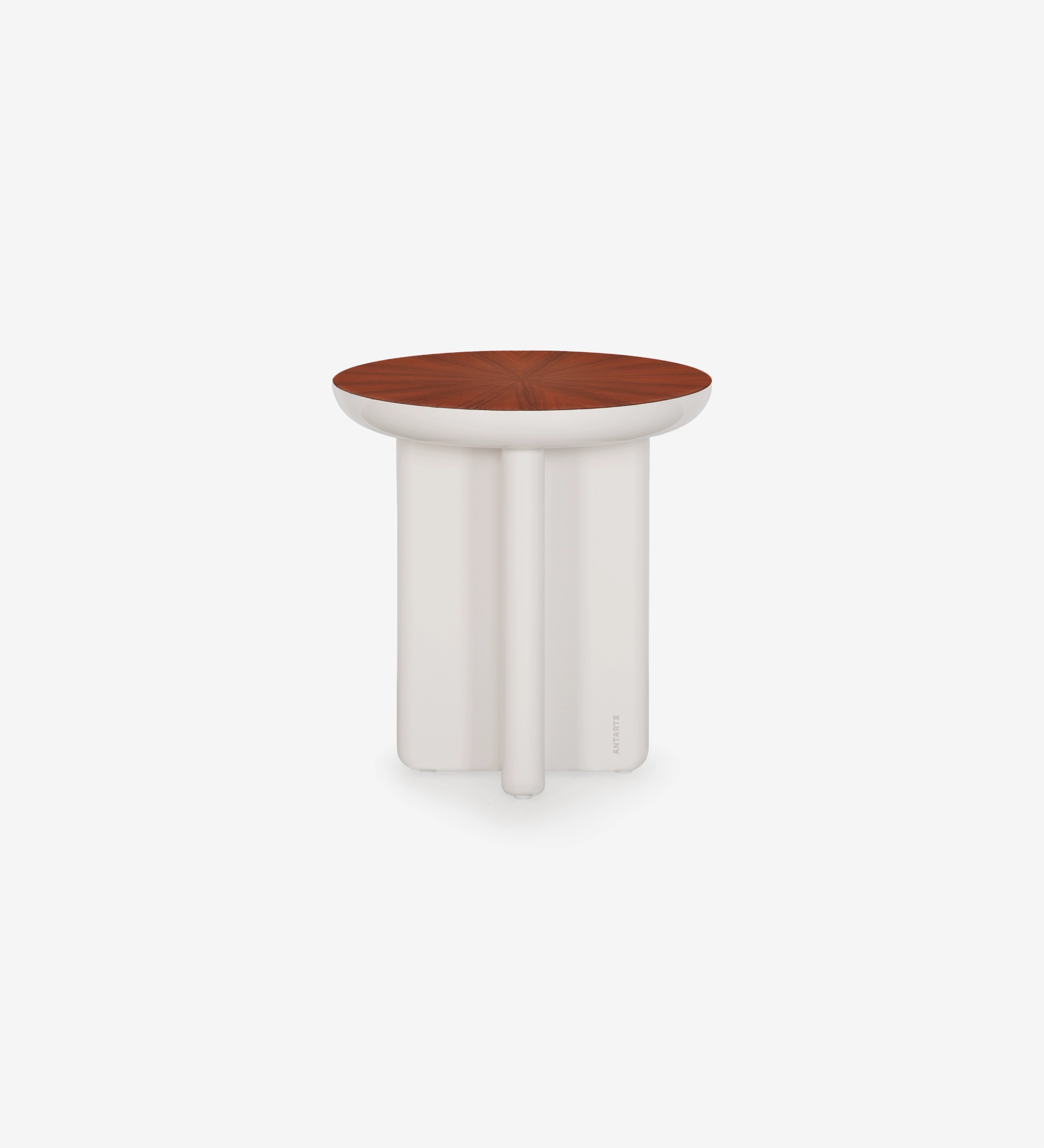 Mesa Auxiliar Mónaco con tapa circular de madera y base blanca escultórica