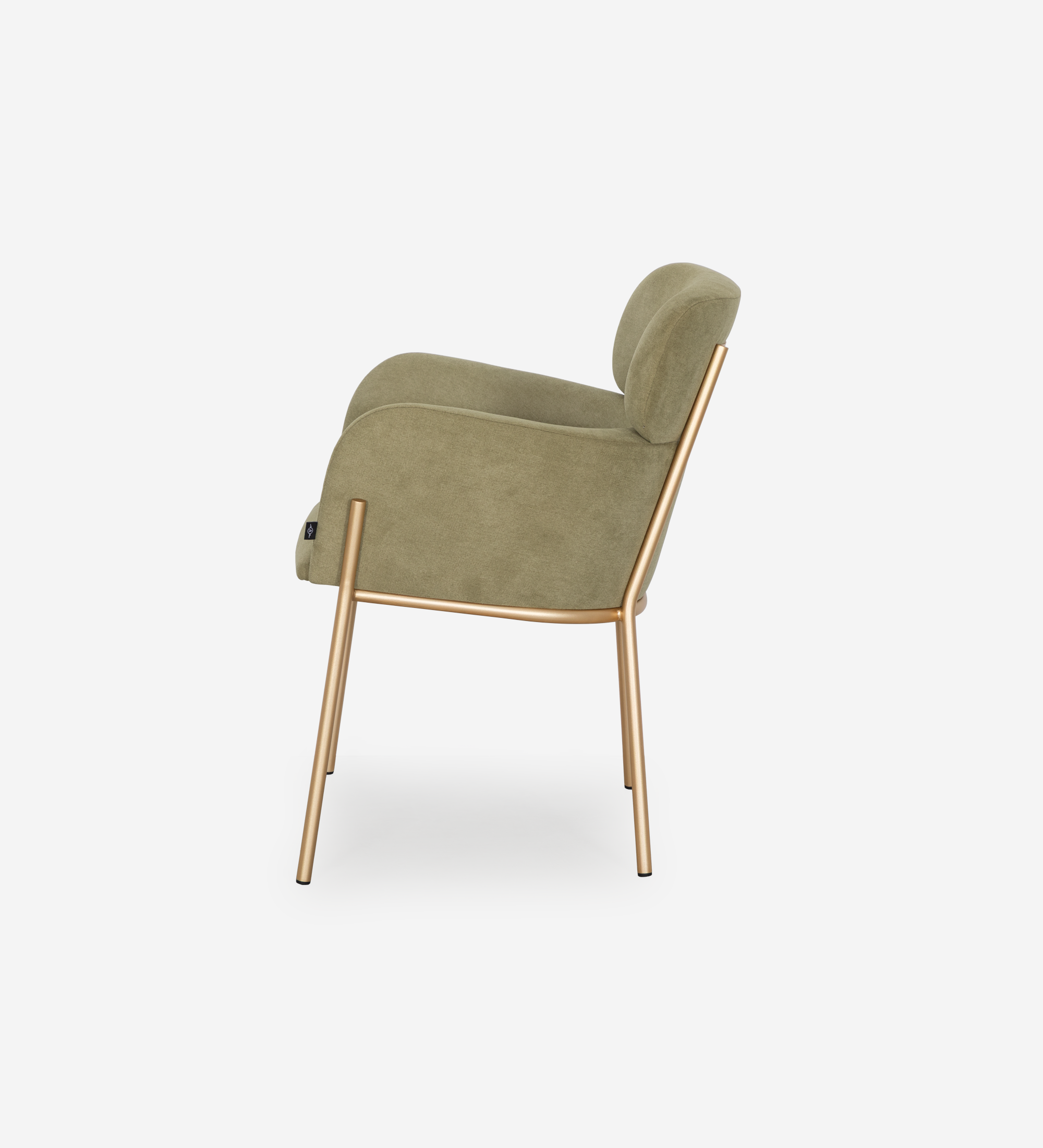 Cadeira Cannes verde-oliva estofada com estrutura metálica dourada, vista lateral