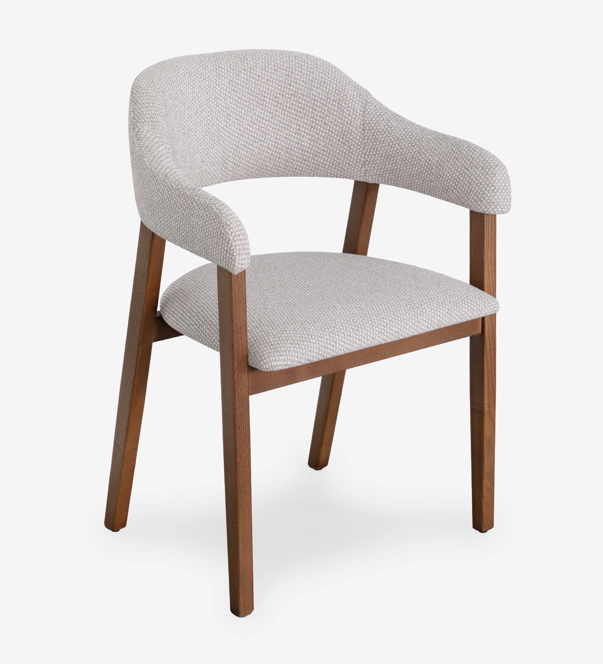 Silla Capri tapizada gris claro con patas de madera y respaldo curvo