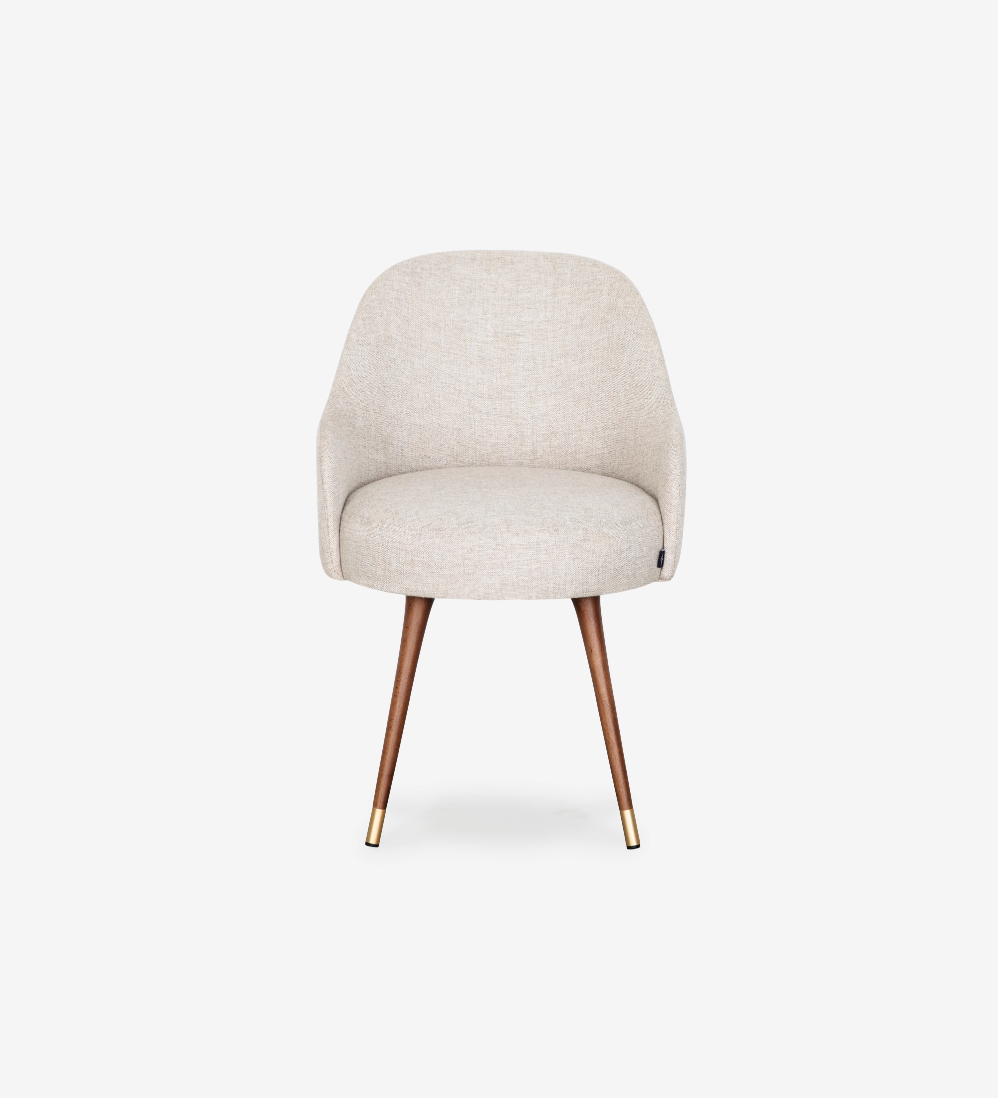 Silla Geneve tapizada beige con respaldo curvo y patas de madera con punta dorada