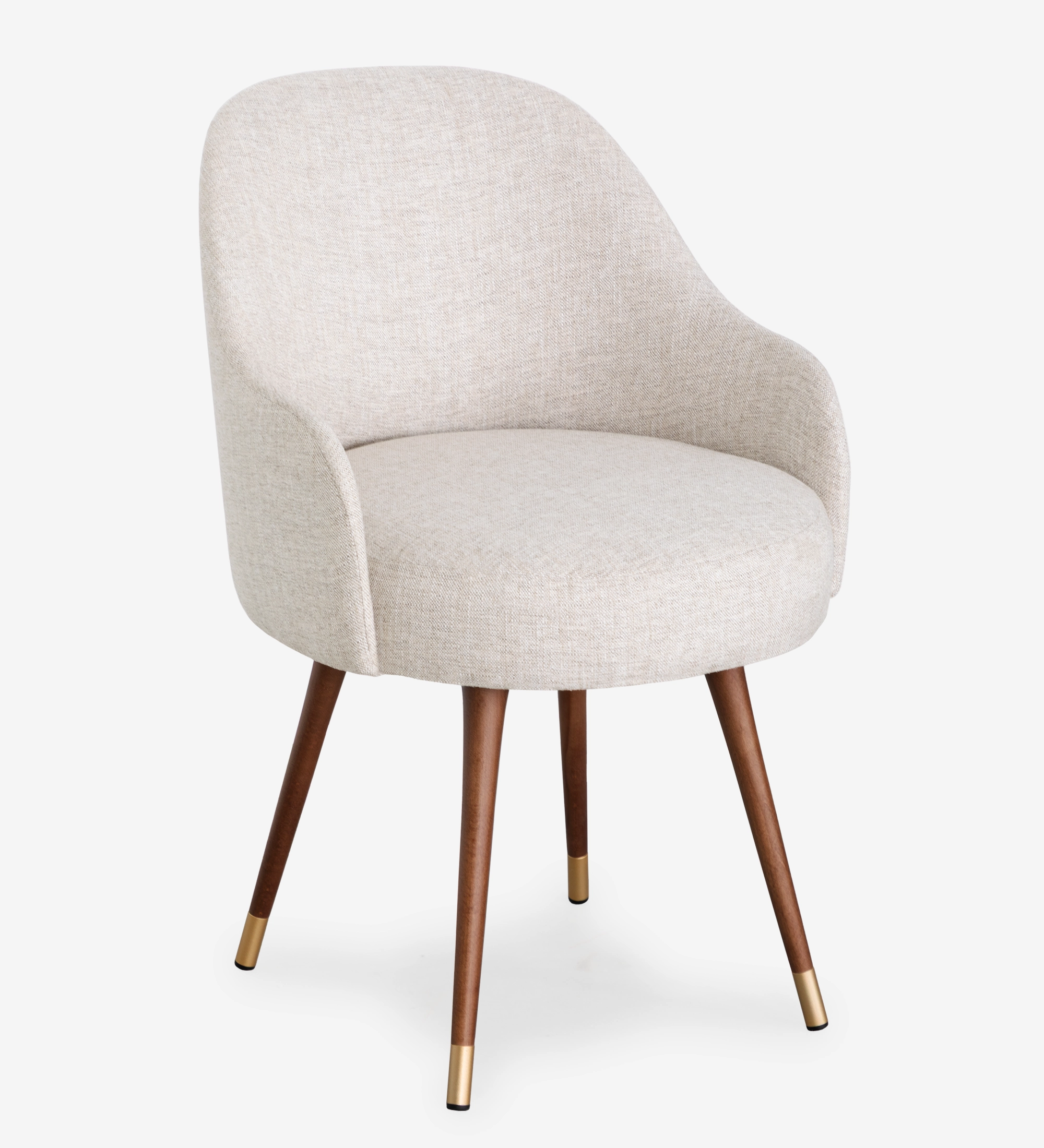 Silla Geneve tapizada crema con patas de madera y puntas metálicas doradas