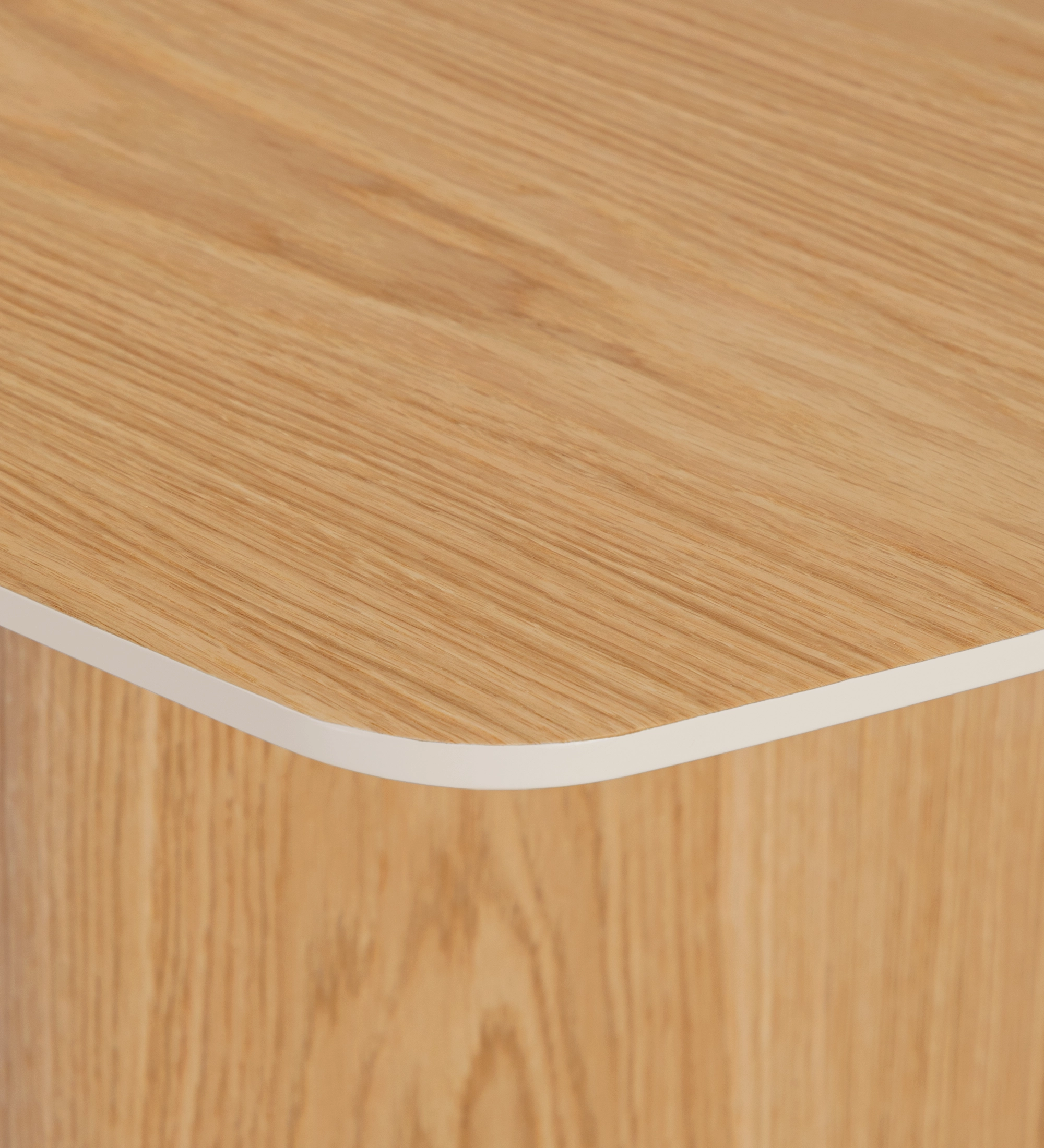 Paris Desk oak corner with rounded tabletop and white edge trim
