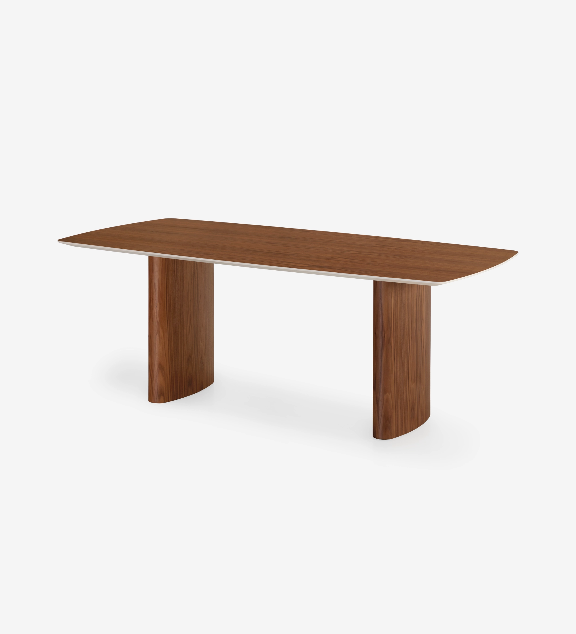 Table de repas Paris en bois foncé, plateau rectangulaire aux bords arrondis et deux pieds incurvés