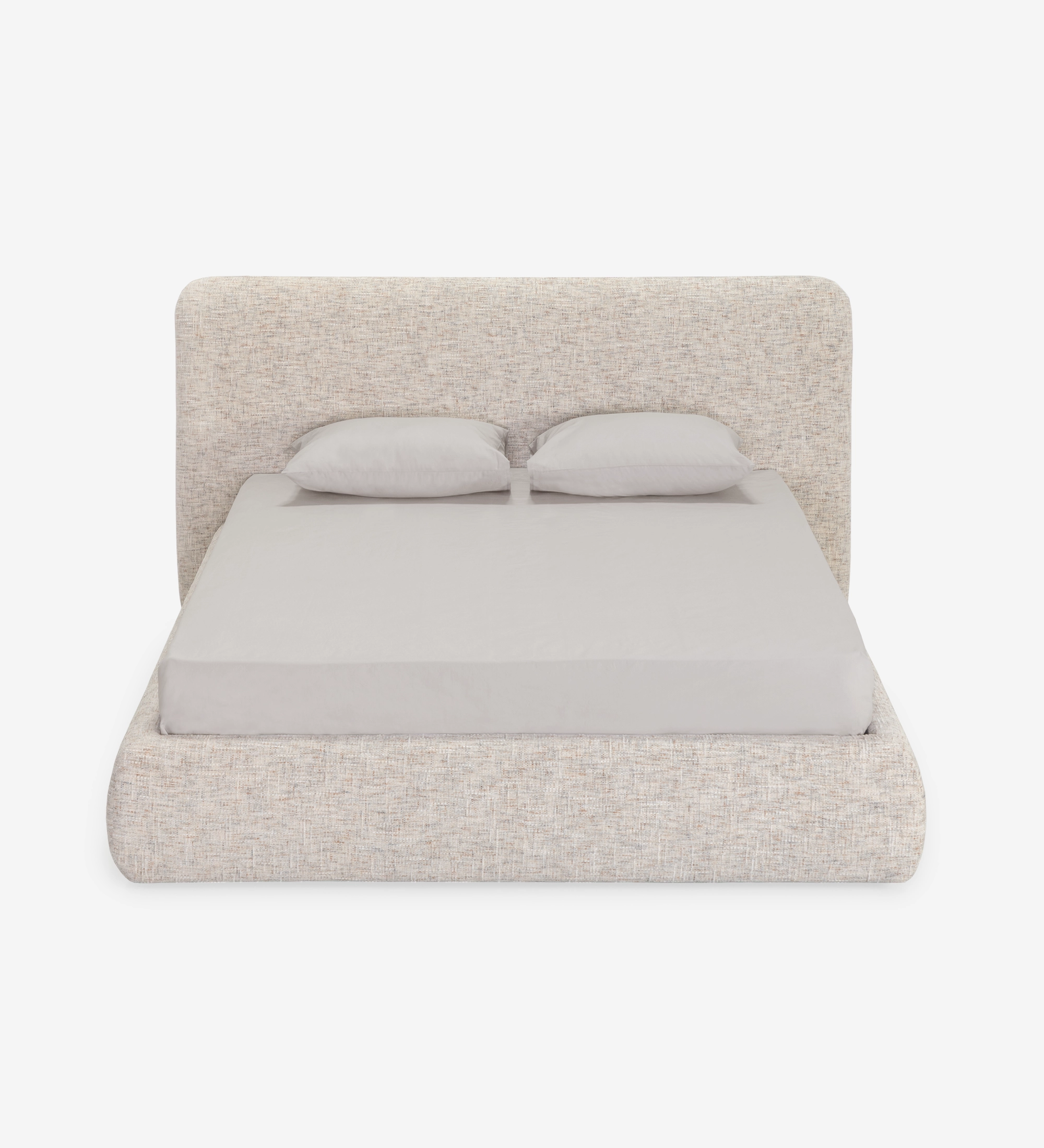 Lit double avec rangement Paris en tissu beige, tête rembourrée et deux oreillers