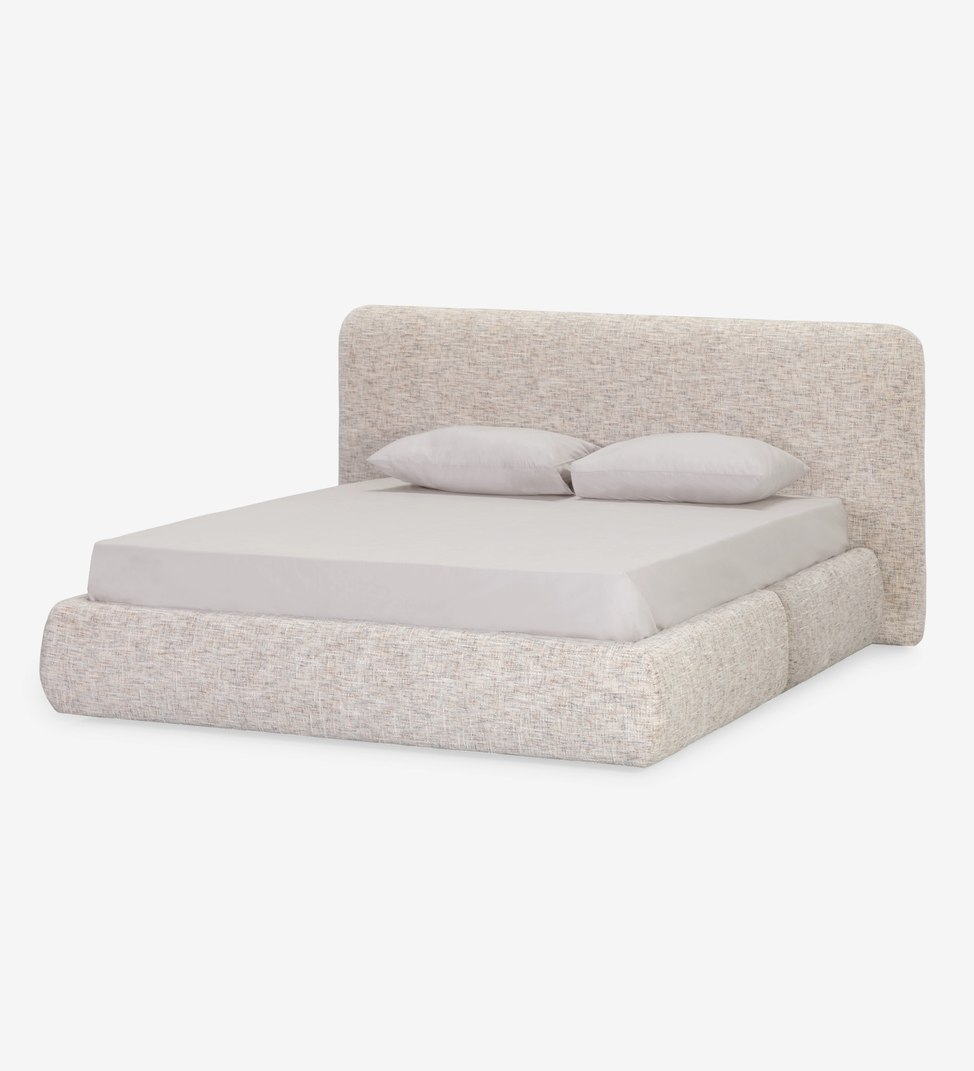 Lit double rembourré beige clair Paris avec rangement et tête de lit arrondie
