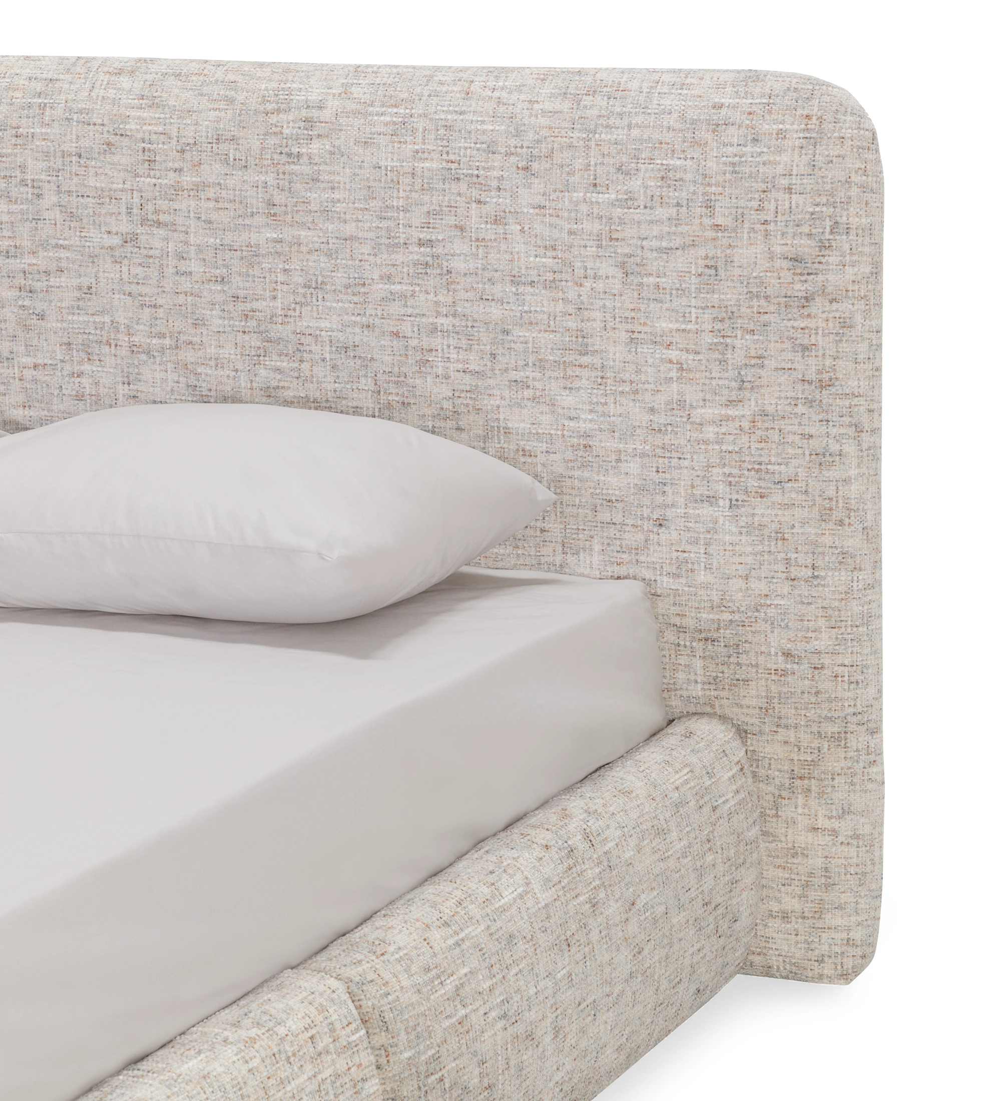 Lit double Paris beige clair rembourré avec tête de lit arrondie et coussin blanc