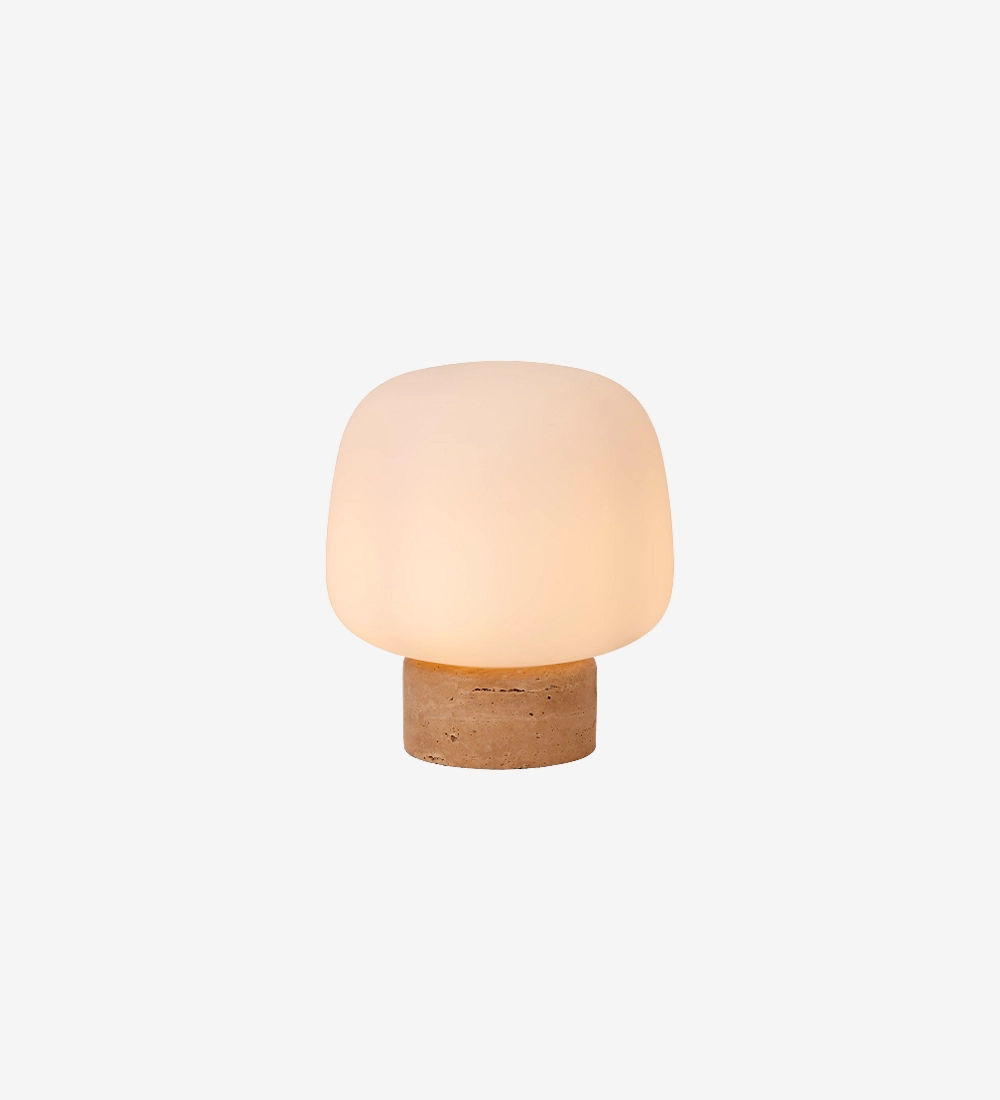 Lampe de table AZORES à abat-jour en verre opalin et base cylindrique en pierre