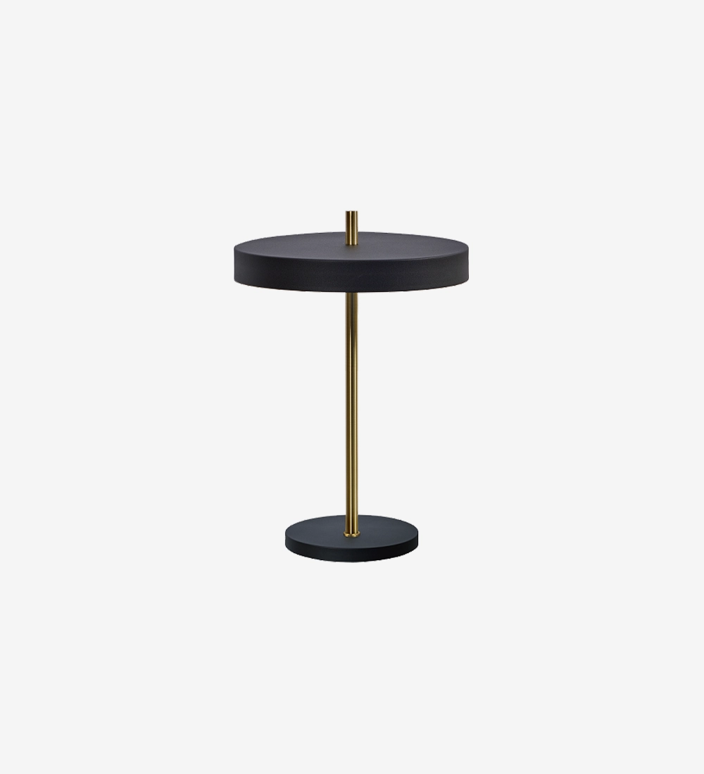 Barcelona table lamp with black round shade and brass rod stem