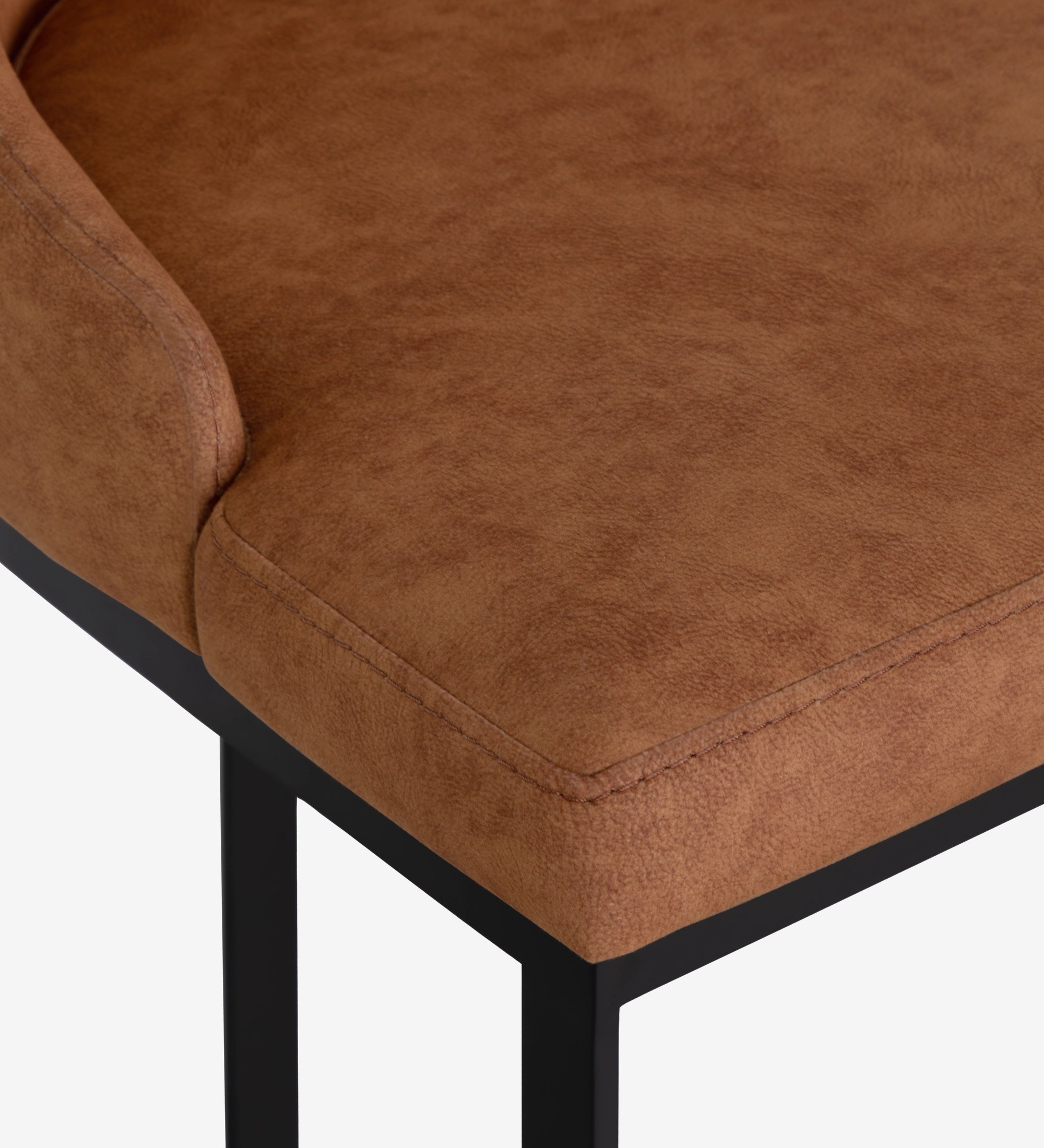 Tabouret Mónaco assise rembourrée simili cuir camel et piétement métal noir