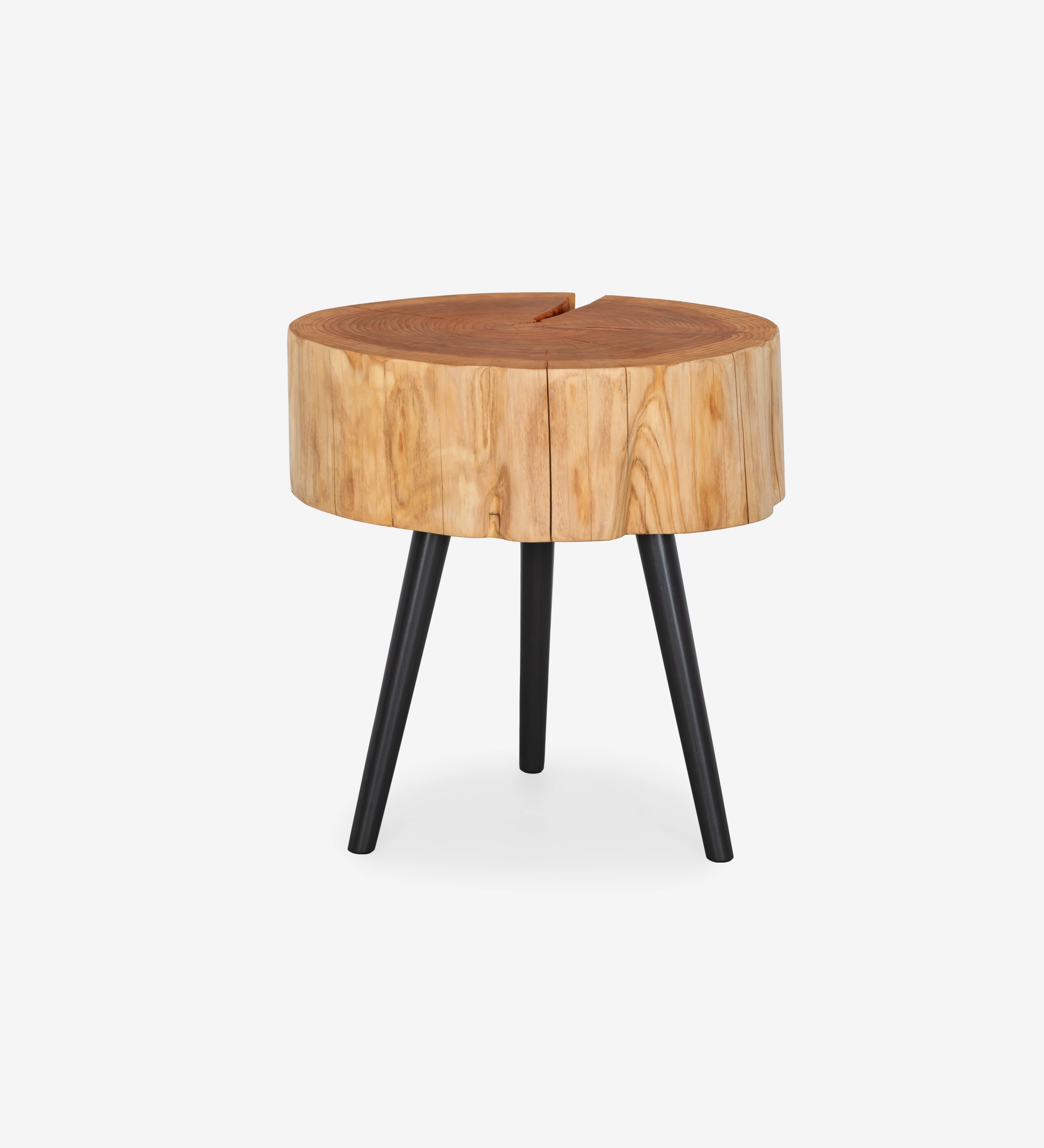 Mesa Auxiliar Tronco de madera con tres patas metálicas negras