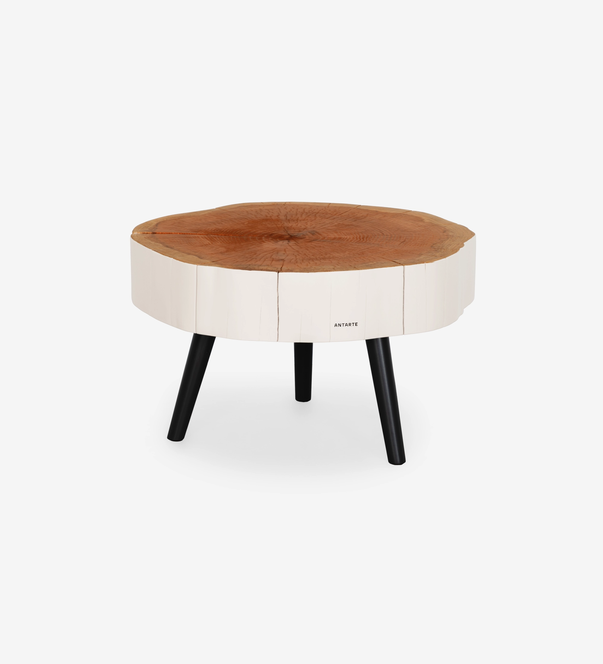 Trunk Center Table with round wood slab top, white sides and black tapered legs