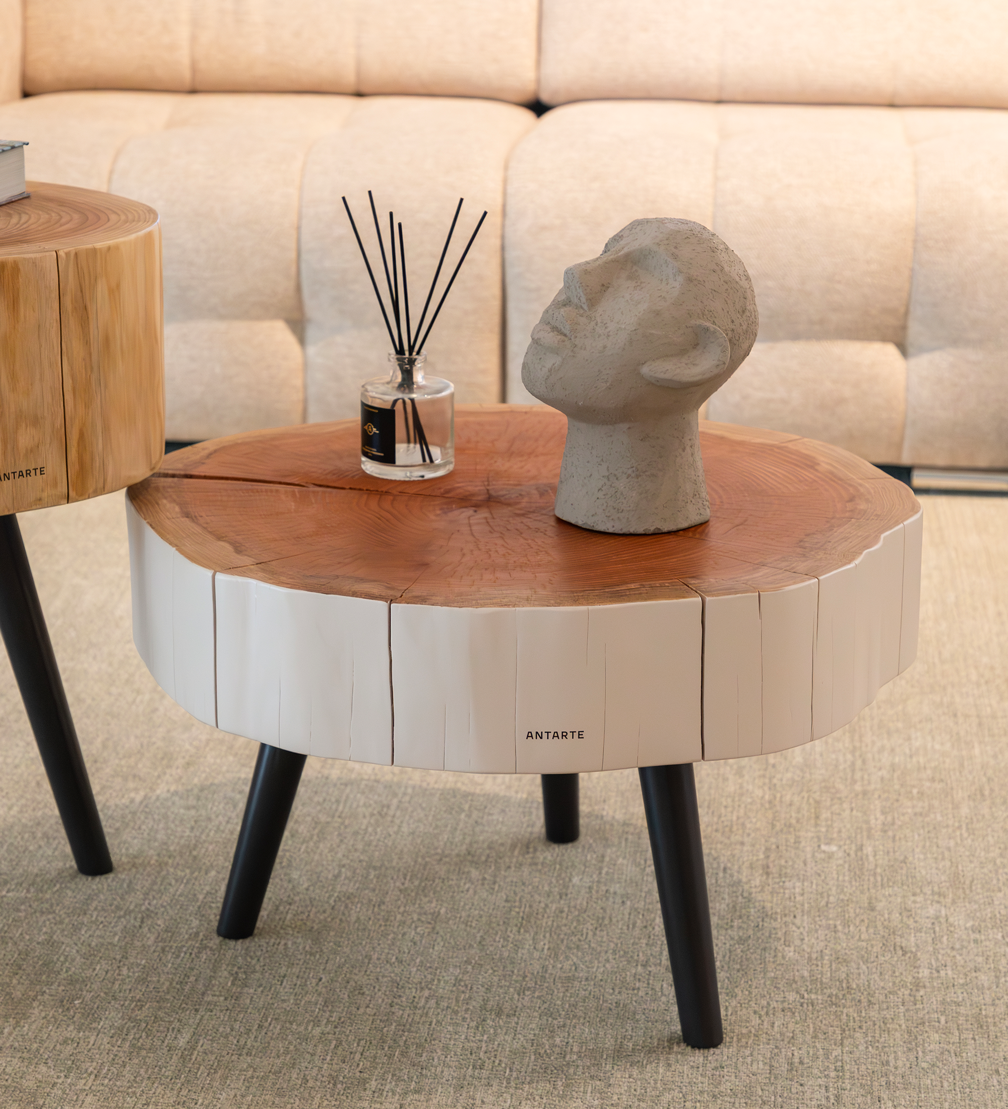 Round trunk-style wooden center table with diffuser and concrete head sculpture