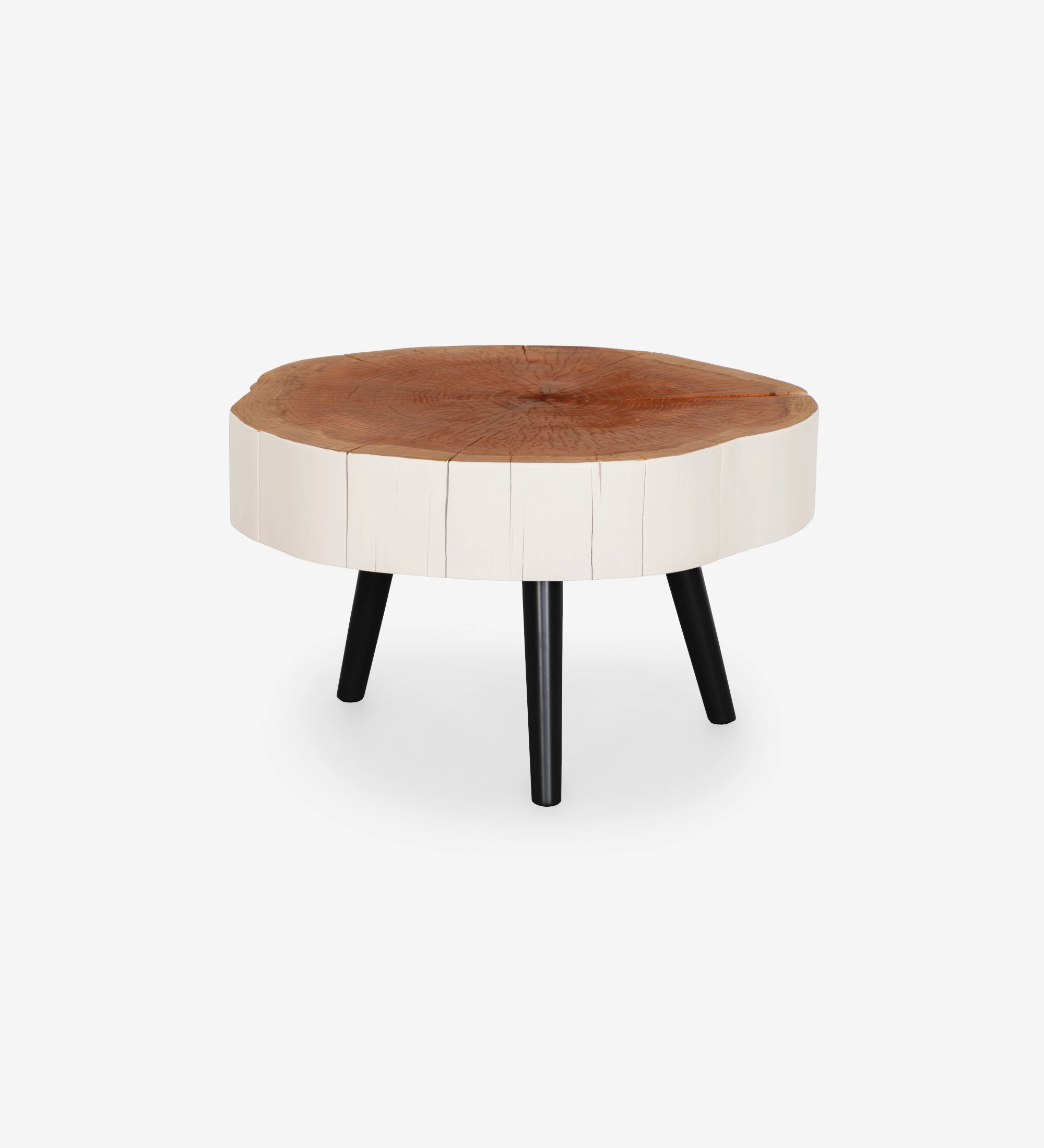 Round trunk-slab center table with natural wood top, white painted sides and three black legs