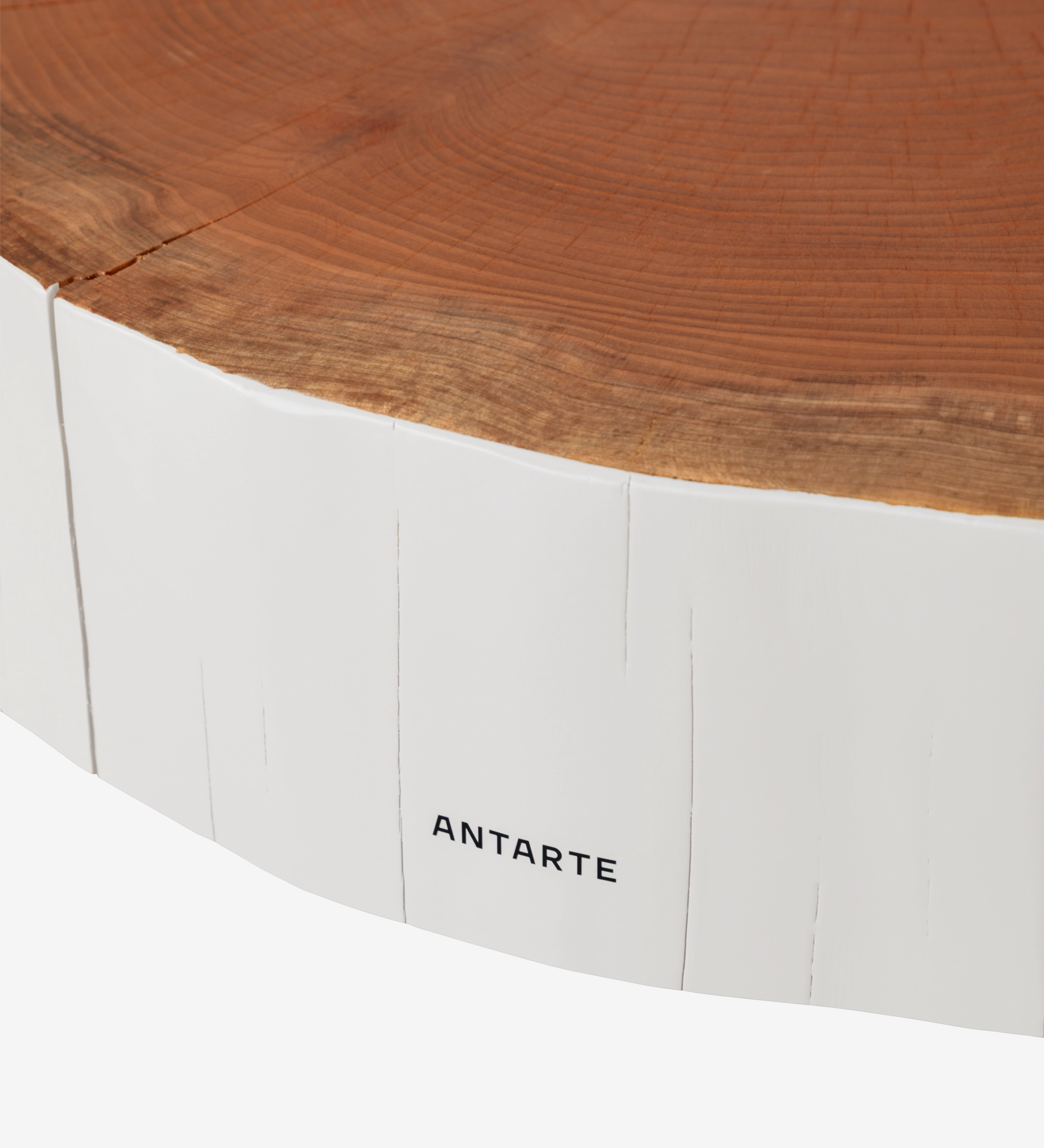 Trunk Center Table with natural wood top, white painted sides and ANTARTE logo
