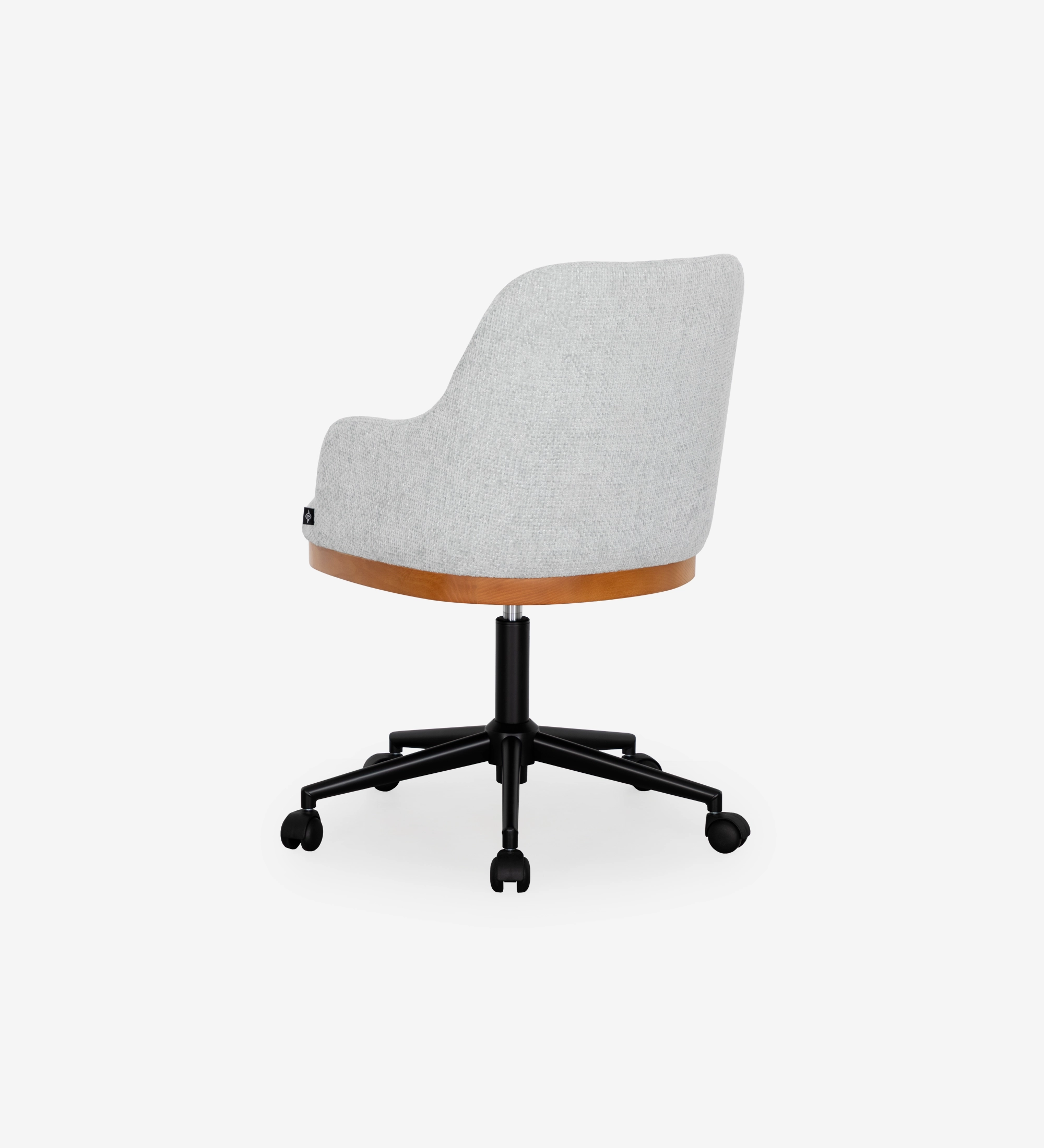 Cadeira de Executivo Cannes vista de trás, tecido cinzento, friso madeira e base preta com rodas