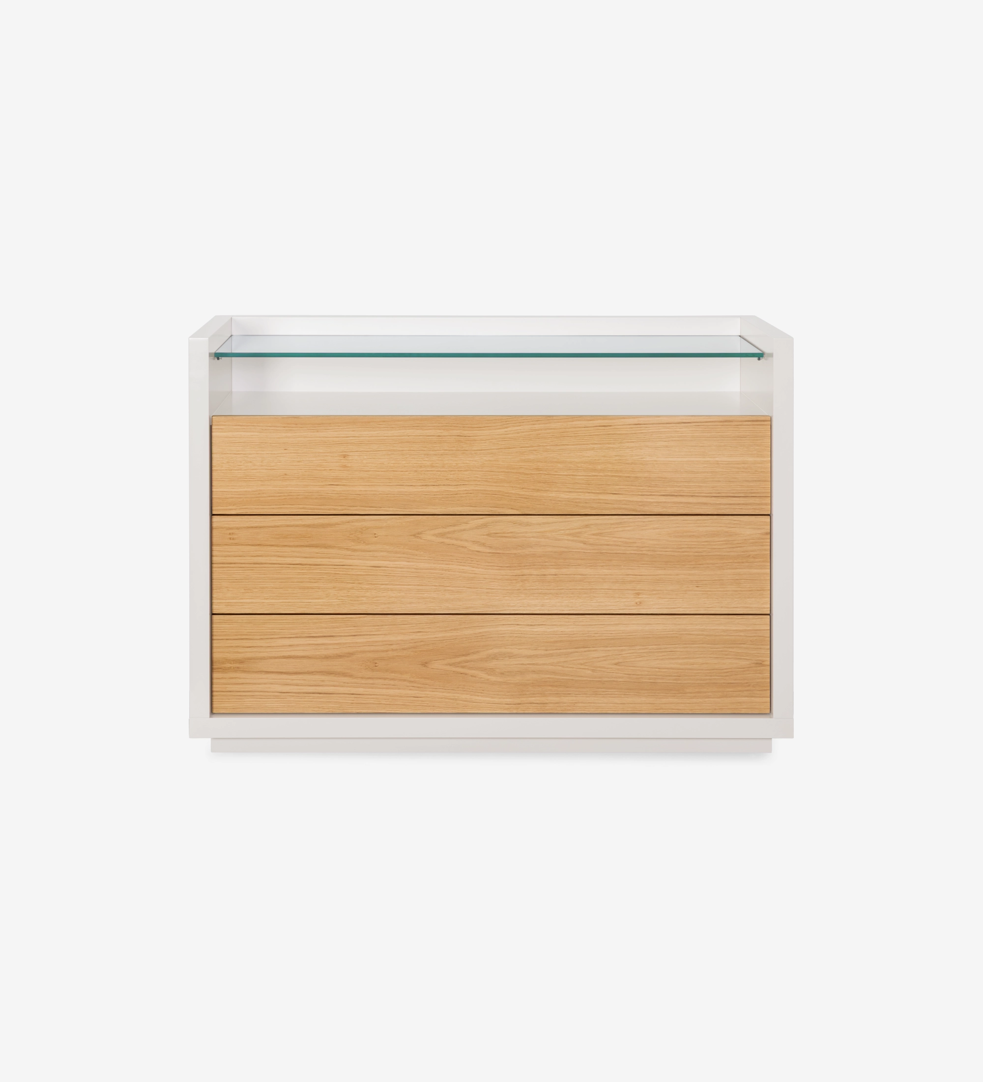 Commode Londres blanche et bois clair à trois tiroirs avec étagère en verre