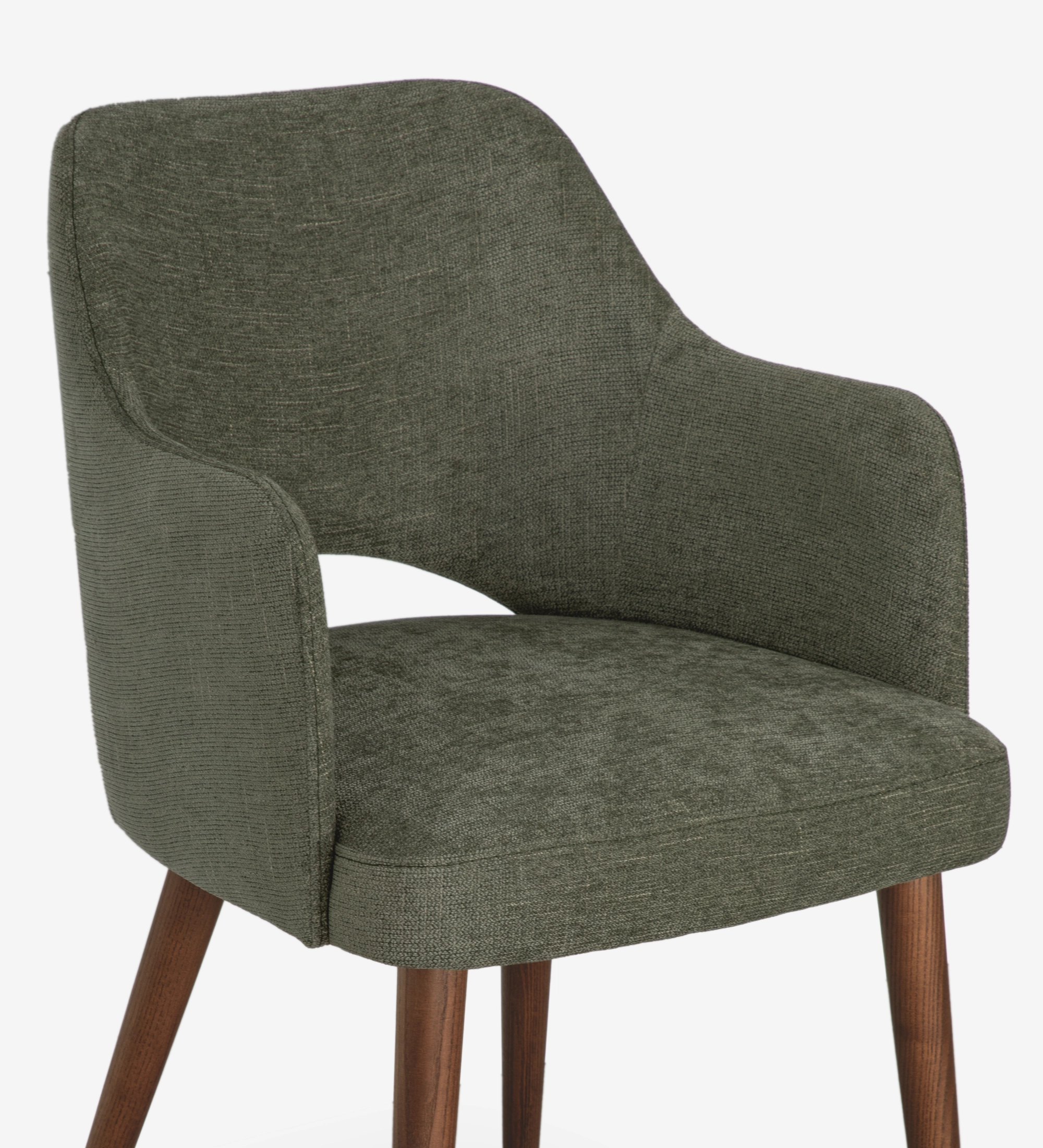 Chaise Londres en tissu vert olive, accoudoirs rembourrés et pieds en bois