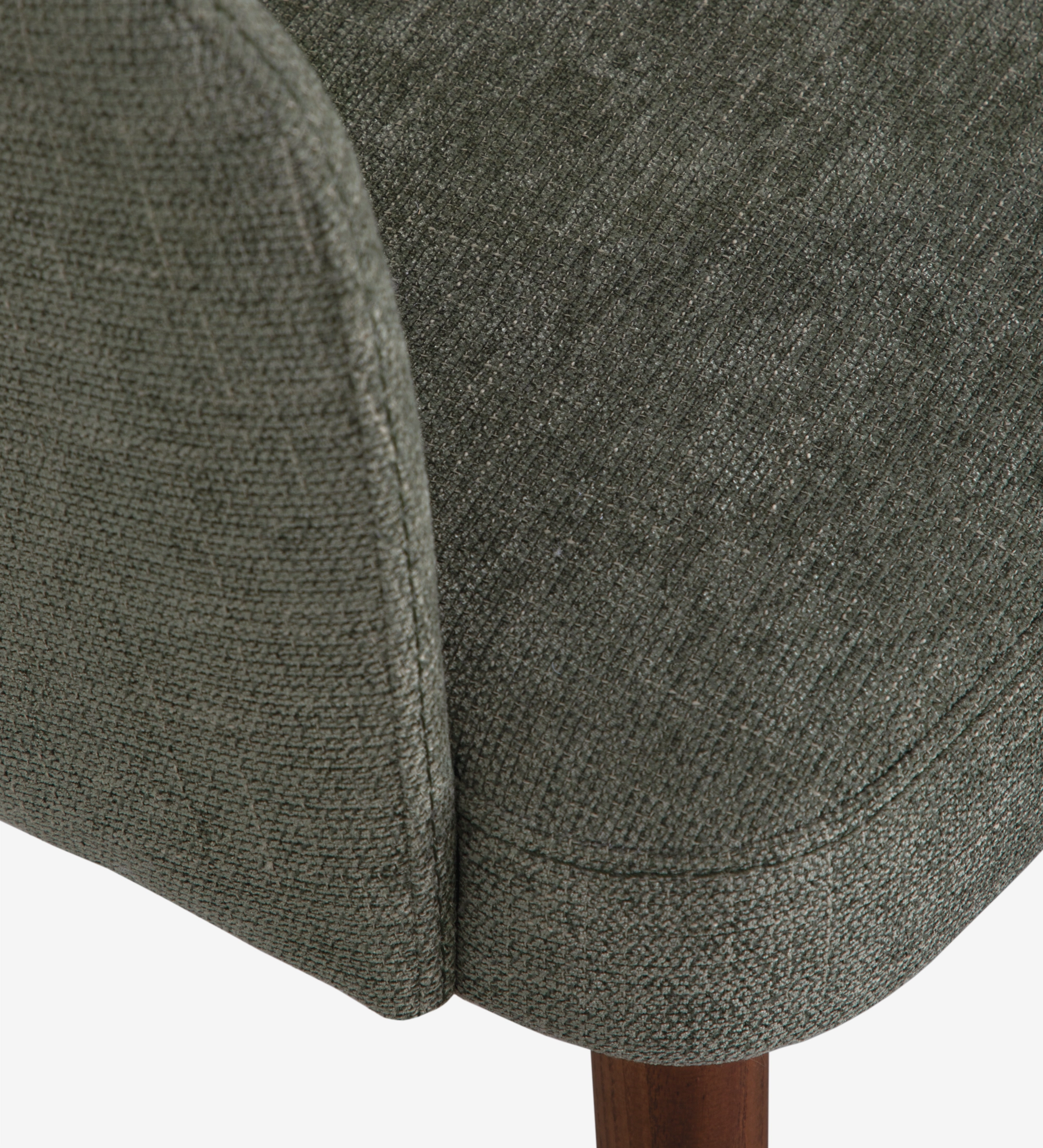 Chaise Londres en tissu gris-vert, gros plan sur assise et pied en bois