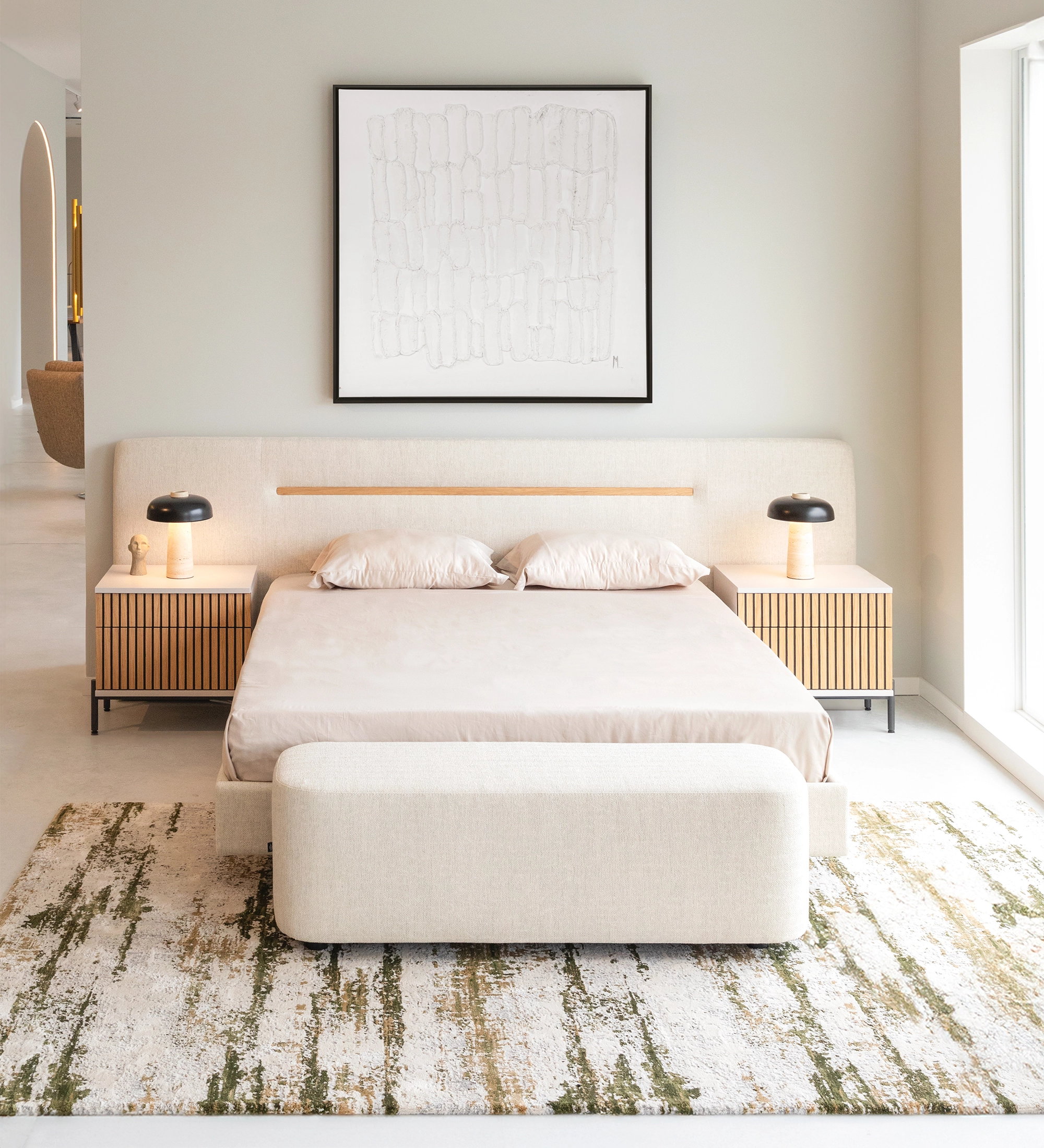 Abstract rug with green tones, folded edge finish + 6mm feltex backing.