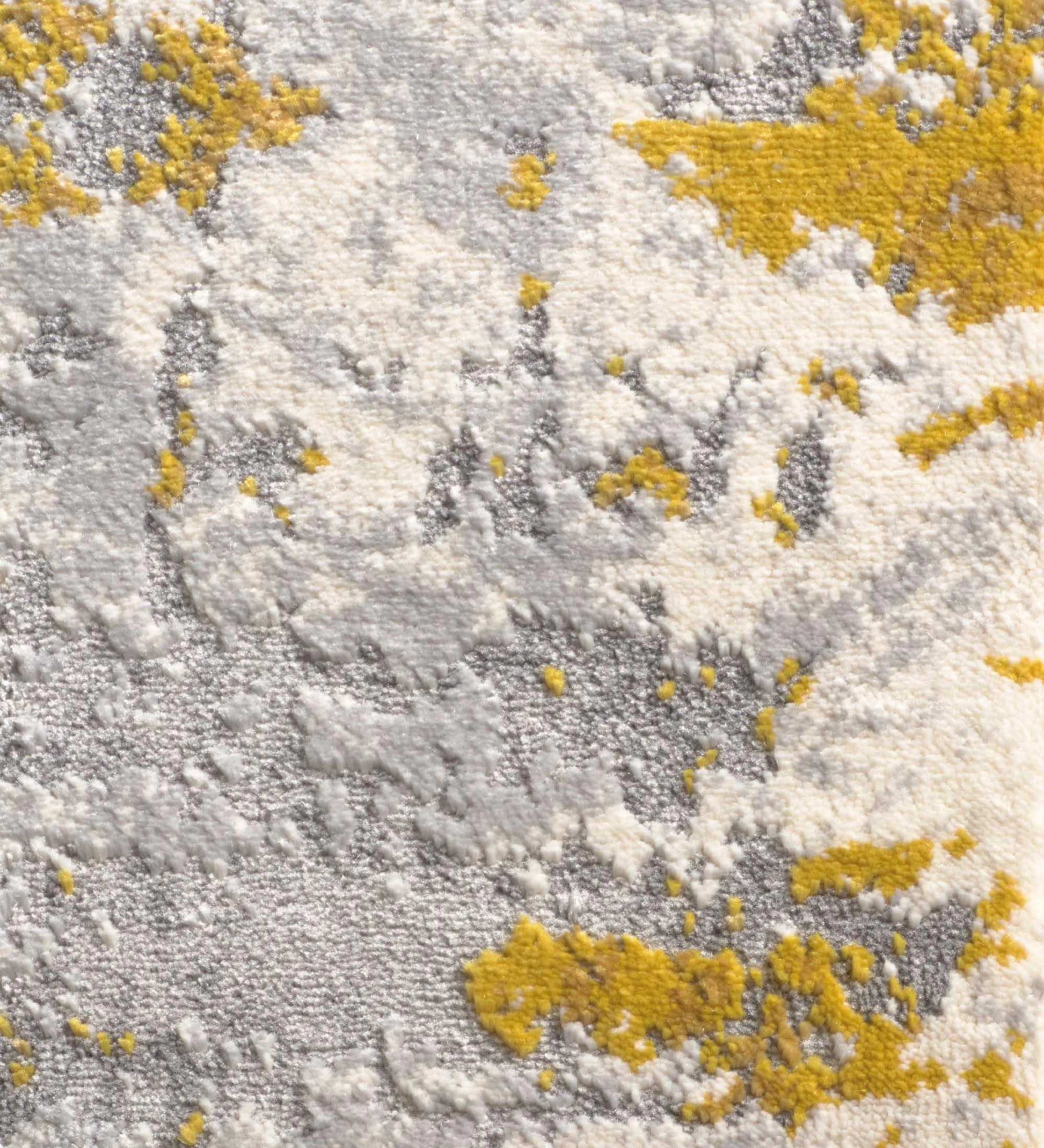 Abstract rug with grey and yellow tones, folded edge finish + 6mm feltex backing.