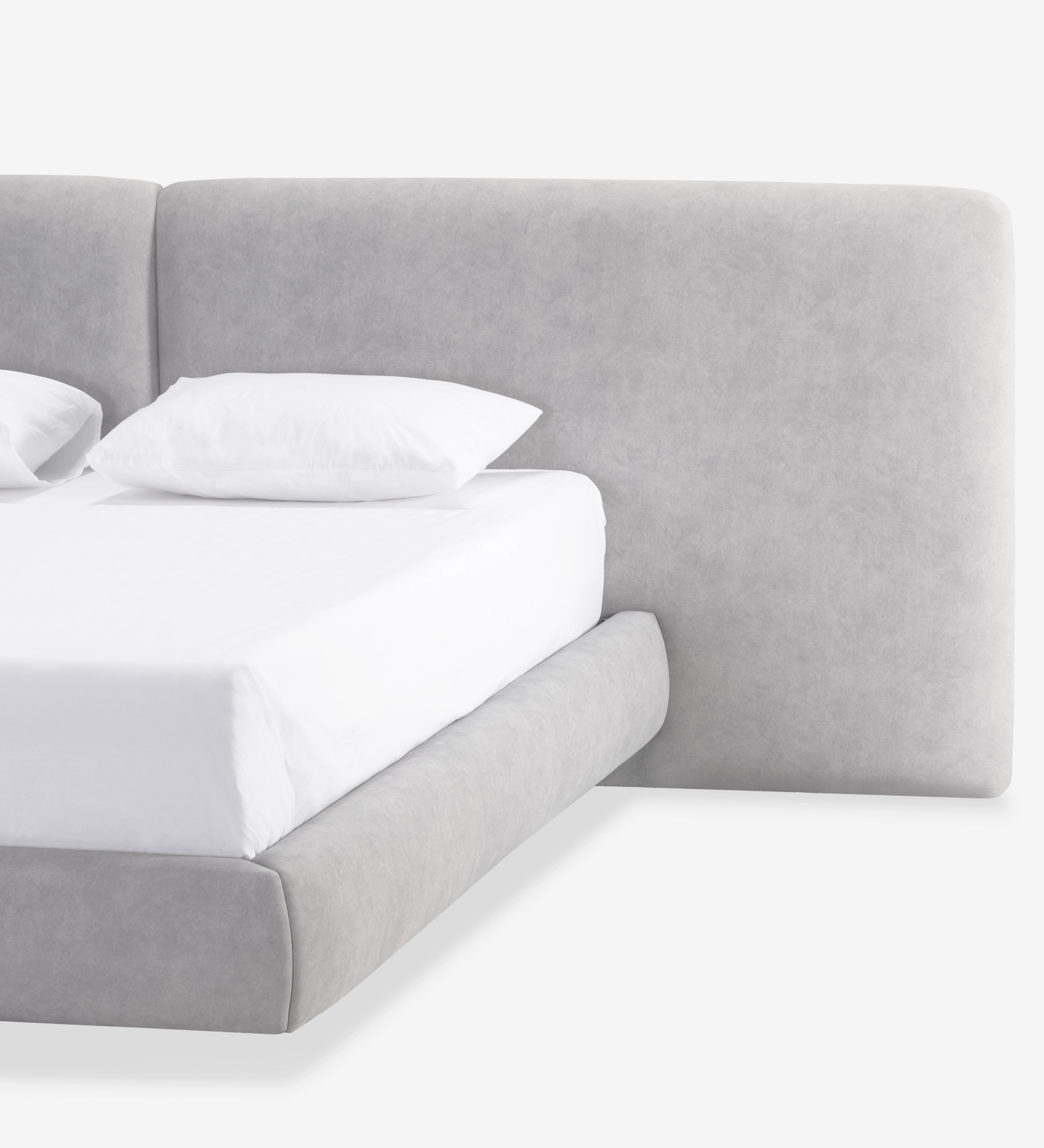 Cama doble Paris tapizada gris con cabecero alto y sábanas blancas