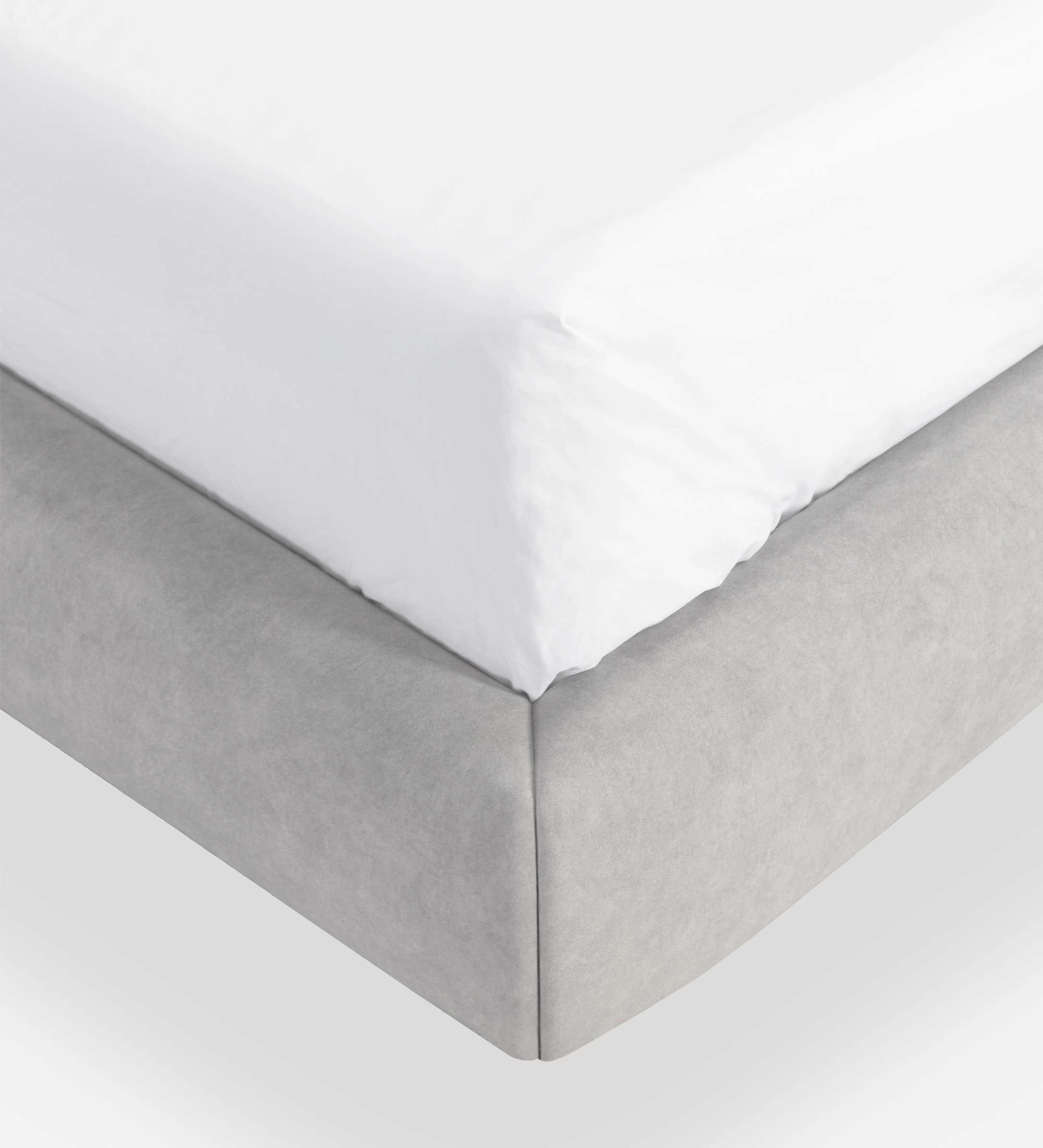 Cama Doble Paris esquina de base tapizada gris con sábana ajustable blanca