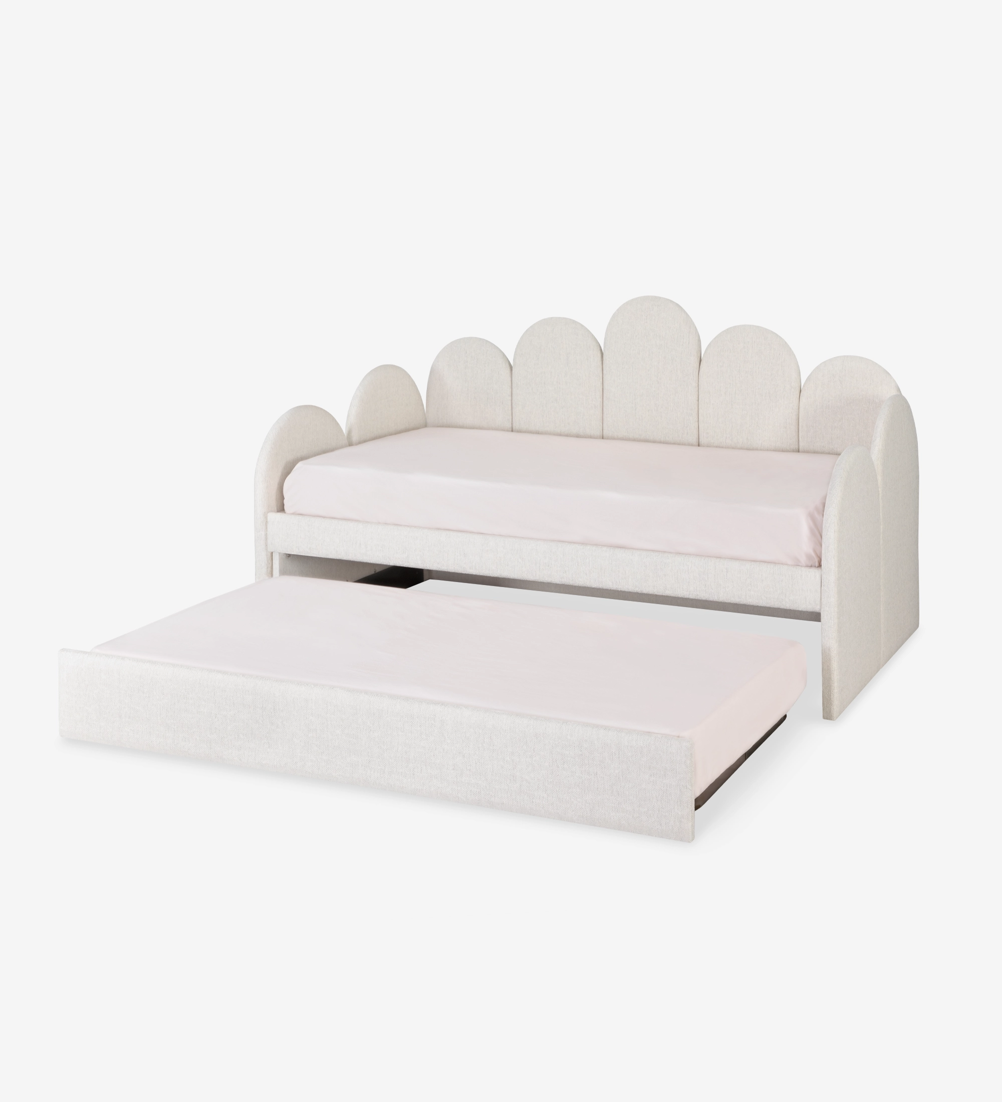 Divan Bed with upholstered frame and front in pearl fabric, featuring a bed in the lower drawer.