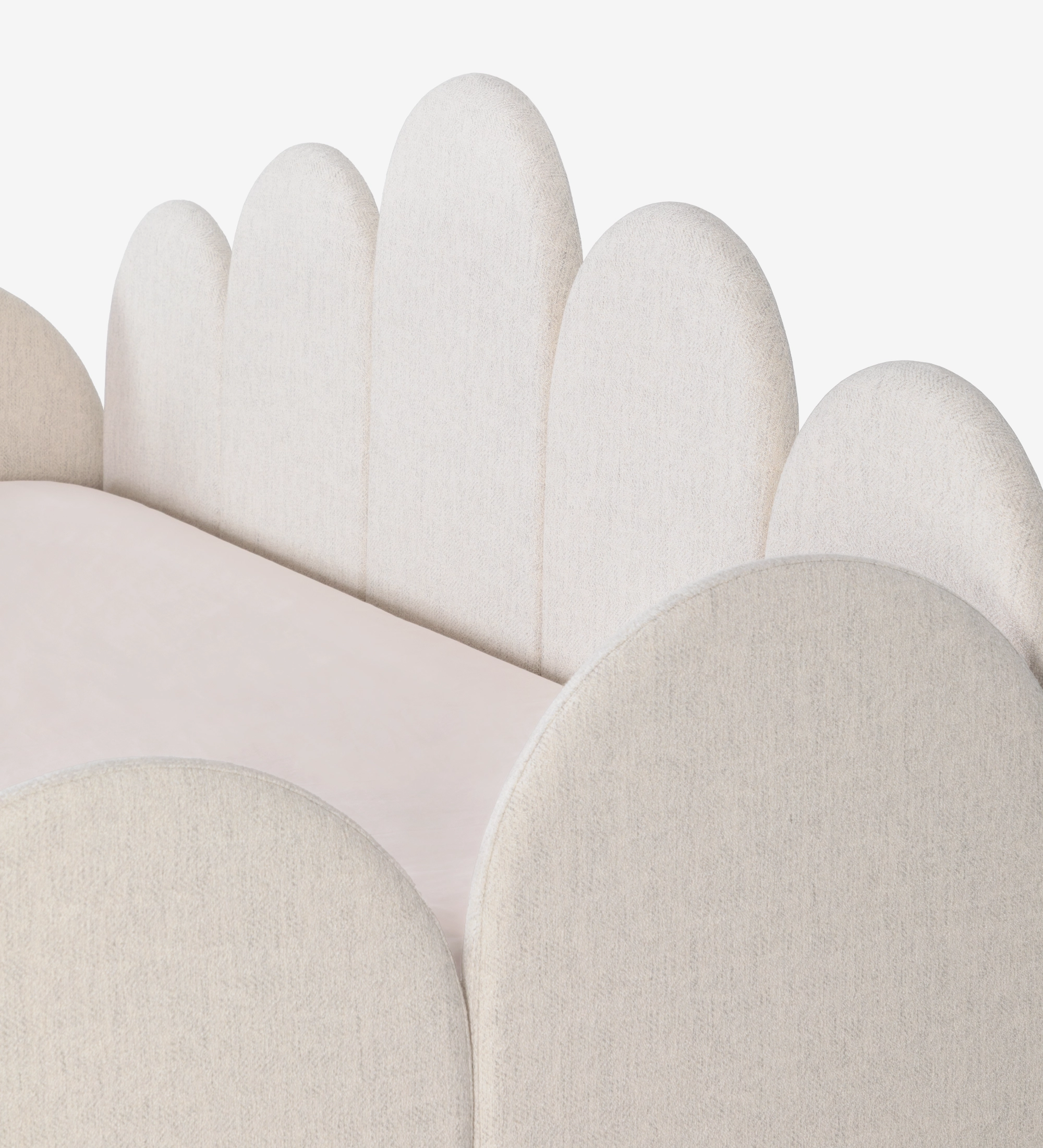 Divan Bed with upholstered frame and front in pearl fabric, featuring a bed in the lower drawer.