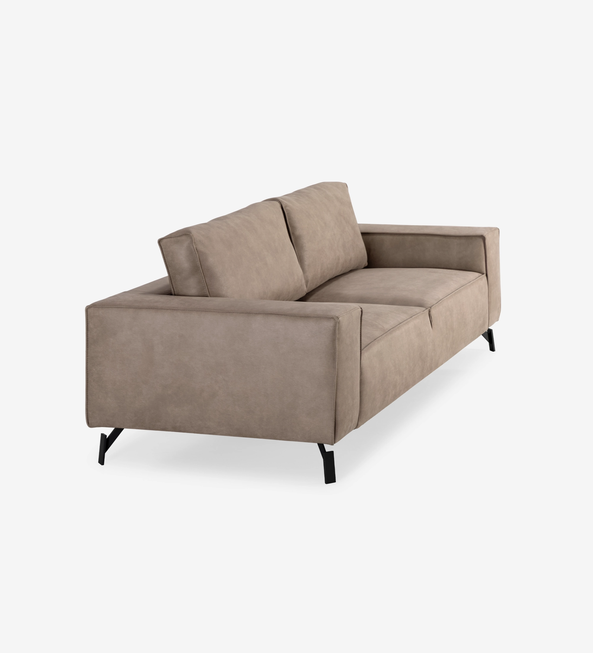 Sofá Tokyo 3 plazas tapizado en tela taupe, pies en metal lacado negro, 238 cm.